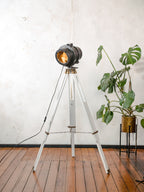 Vintage DDR Railway Signal Spotlight, Restored Industrial Floor Lamp on White Wooden Tripod, Telesig Berlin Orange Lens Light