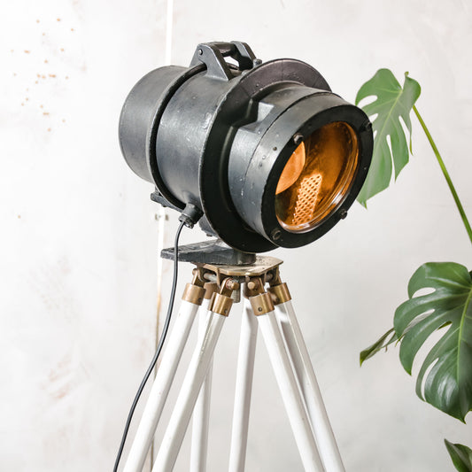 Vintage DDR Railway Signal Spotlight, Restored Industrial Floor Lamp on White Wooden Tripod, Telesig Berlin Orange Lens Light