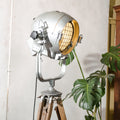 Mole Richardson Super Pup 1940s, Gray Hollywood Film Spotlight Floor lamp, Rare Stage light on Vintage Wooden Surveyor Tripod