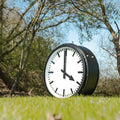 Vintage stationsklok dubbelzijdig met verlichting van RFT, jaren 50 Rundfunk und Fermelde Technik Duitsland, diameter Ø75 CM, LED en Quartz omgebouwd