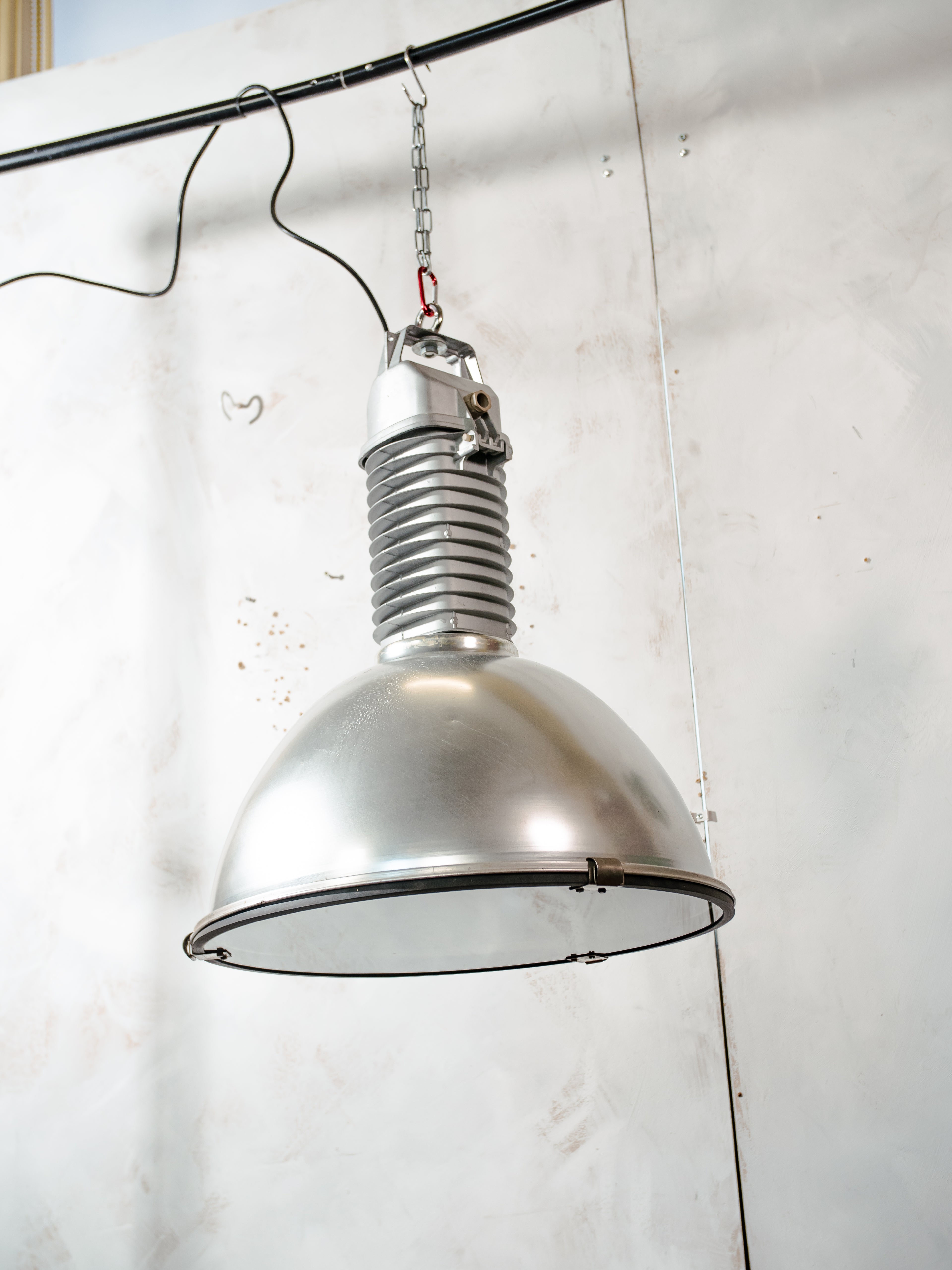 Large Industrial 1950s Factory Pendant Light by Philips Holland, Renovated Aluminum Hang Lamp with Plexiglass cover, Kitchen Island decor