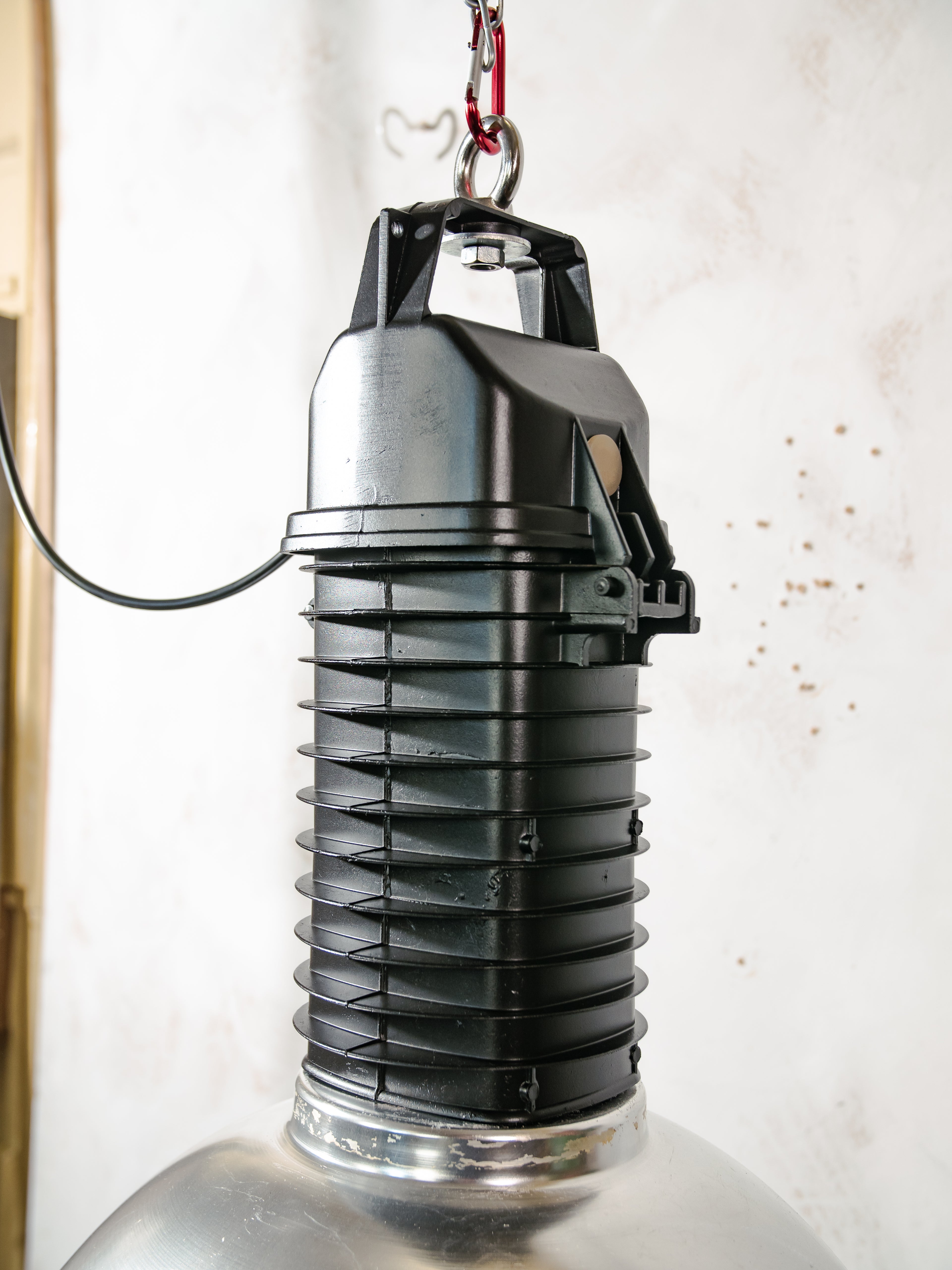 Vintage 1950s Factory Pendant Lamp by Philips, Industrial Hanging lamp Made in Holland, Black top with Aluminum shade and Plexiglass cover