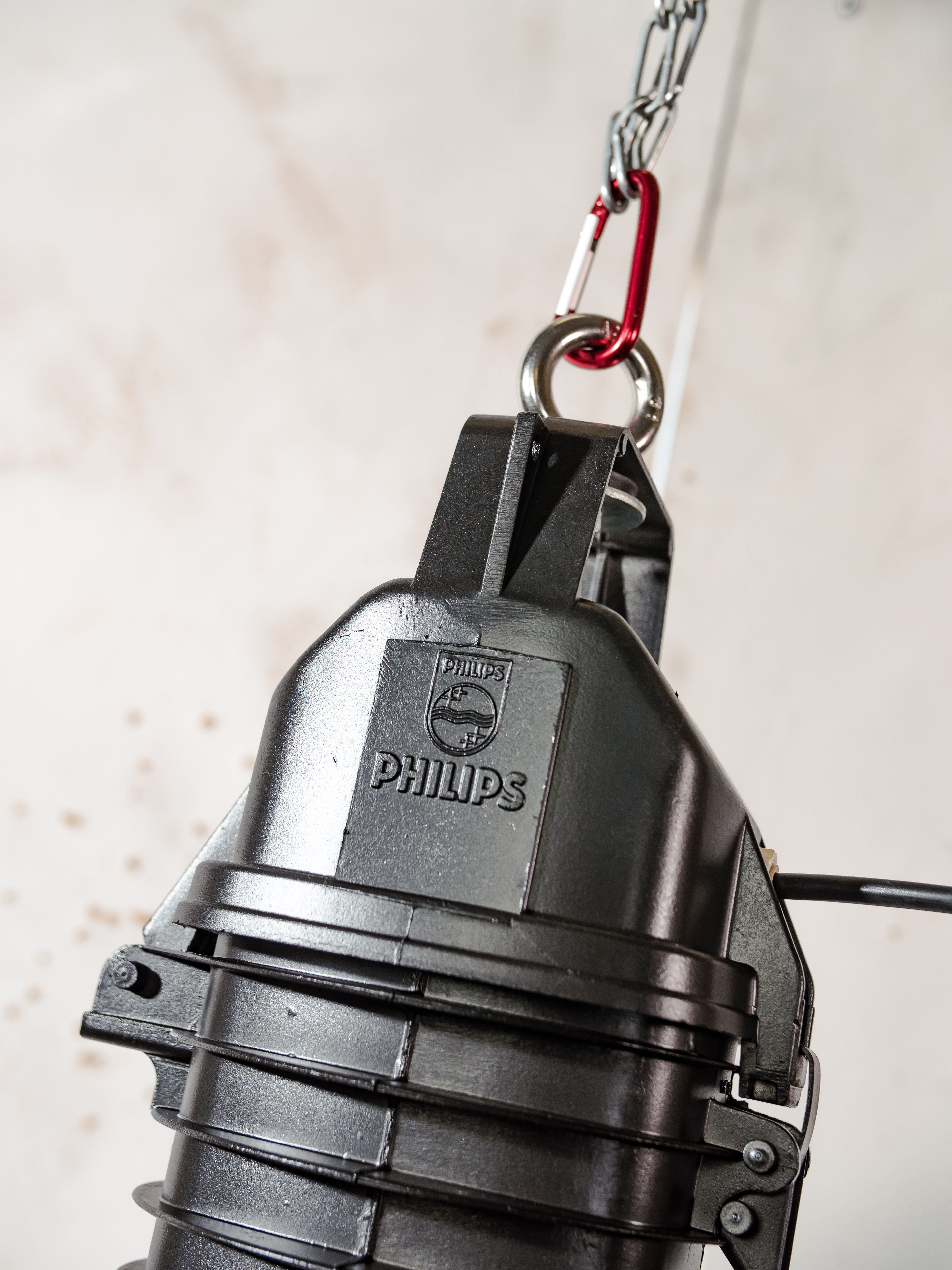 Vintage 1950s Factory Pendant Lamp by Philips, Industrial Hanging lamp Made in Holland, Black top with Aluminum shade and Plexiglass cover