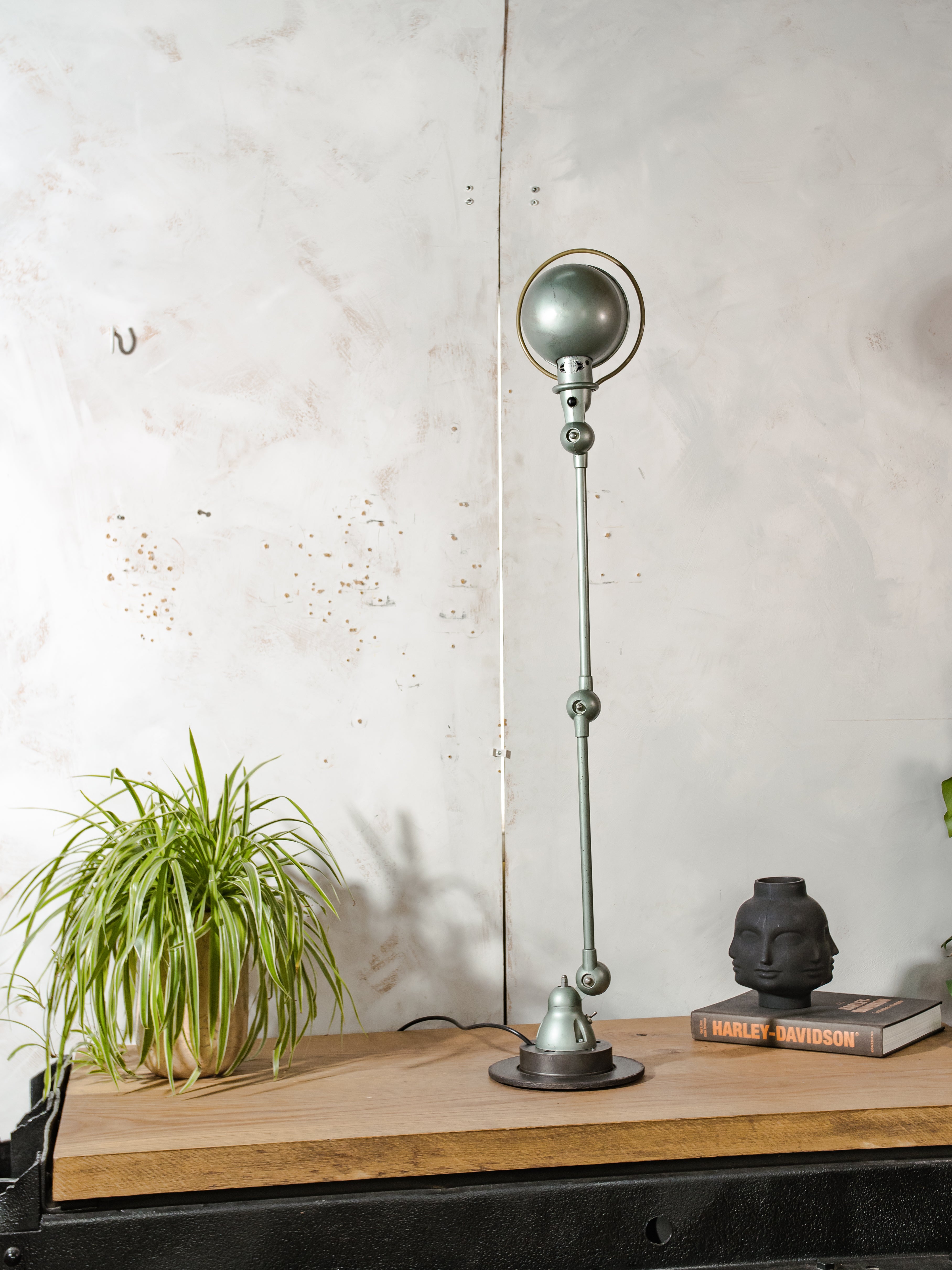 1950s Jieldé Vespa Green 2 Arm French Workshop Lamp on Brake disc, Jielde light, Vintage Designer Desk Lamp by Jean Louis Domecq