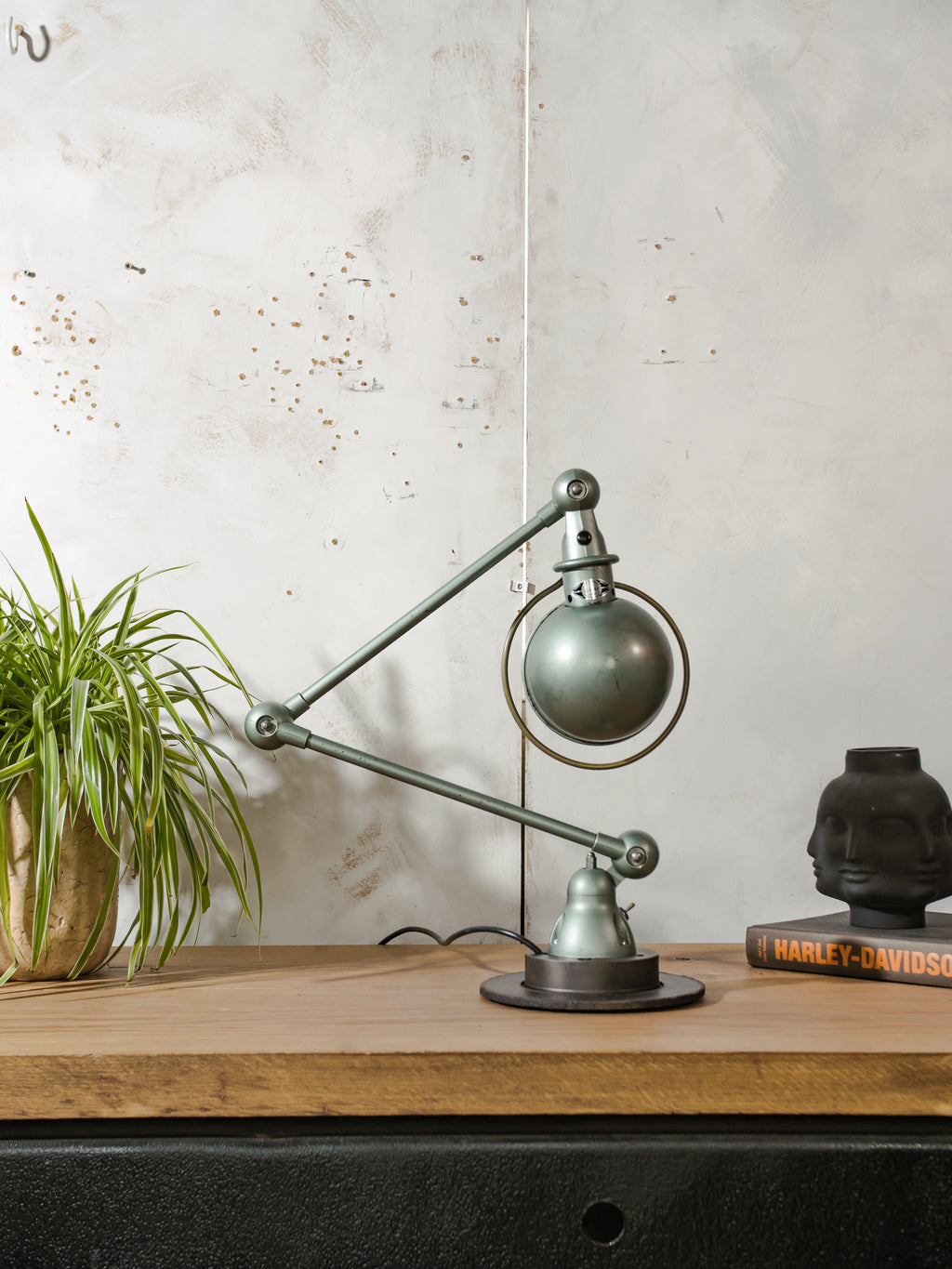 1950s Jieldé Vespa Green 2 Arm French Workshop Lamp on Brake disc, Jielde light, Vintage Designer Desk Lamp by Jean Louis Domecq