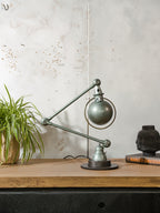 1950s Jieldé Vespa Green 2 Arm French Workshop Lamp on Brake disc, Jielde light, Vintage Designer Desk Lamp by Jean Louis Domecq