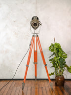 1960s ADB Belgium Theater Spotlight Floor Lamp | Orange Tripod Surveying Industrial Loft Lighting Decor