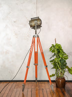 1960s ADB Belgium Theater Spotlight Floor Lamp | Orange Tripod Surveying Industrial Loft Lighting Decor