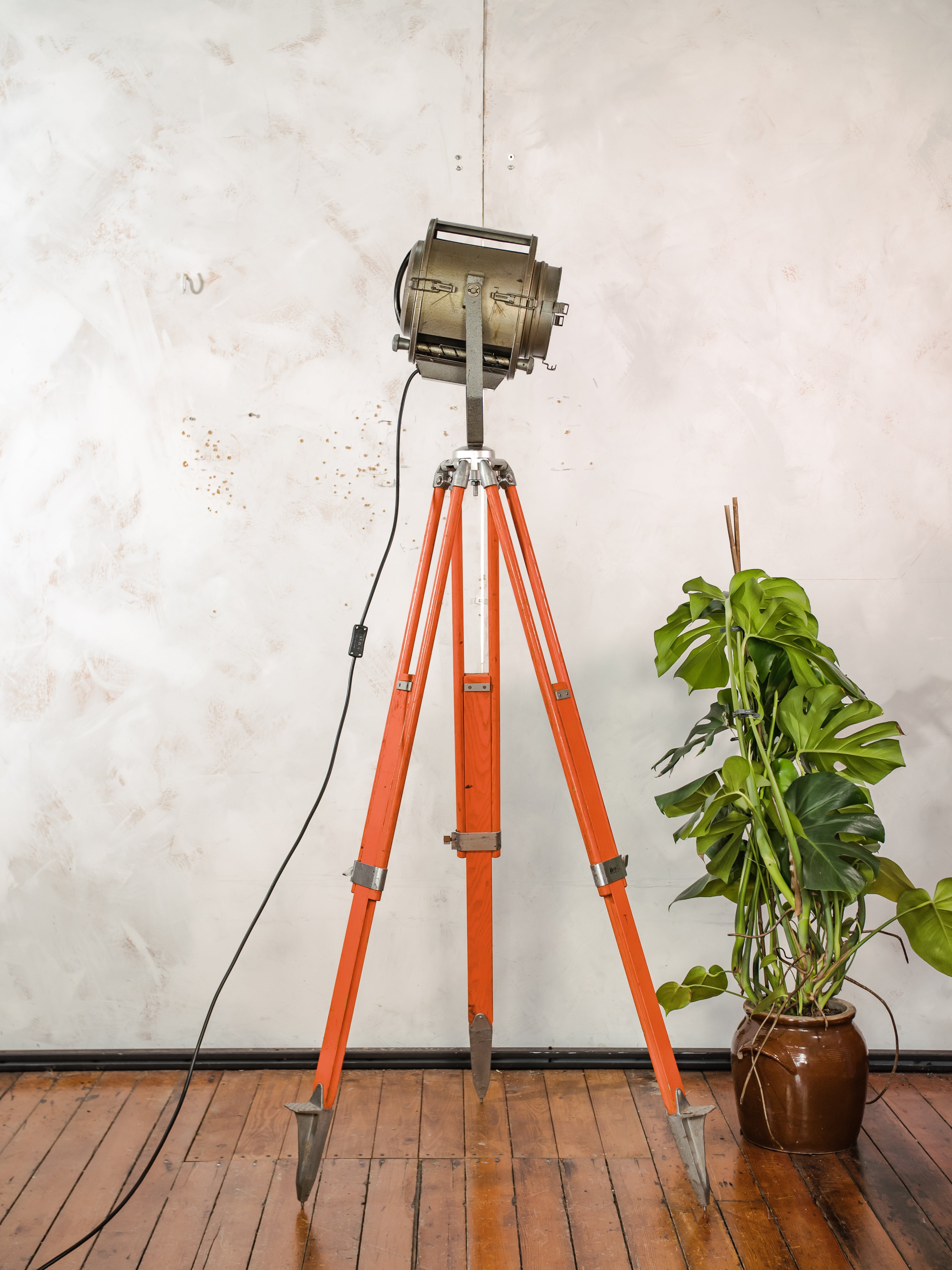 1960s ADB Belgium Theater Spotlight Floor Lamp | Orange Tripod Surveying Industrial Loft Lighting Decor