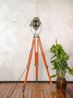 1960s ADB Belgium Theater Spotlight Floor Lamp | Orange Tripod Surveying Industrial Loft Lighting Decor