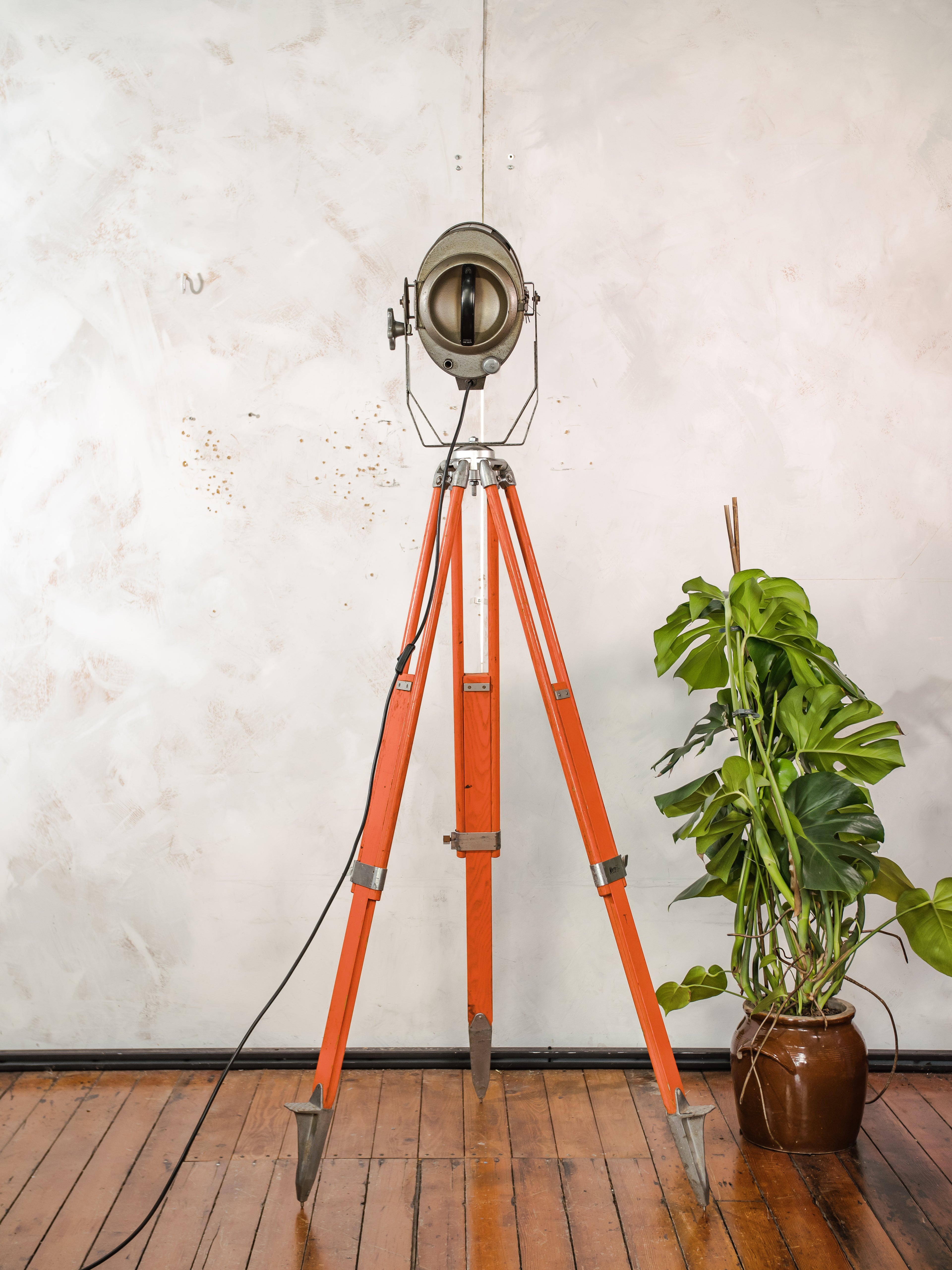 1960s ADB Belgium Theater Spotlight Floor Lamp | Orange Tripod Surveying Industrial Loft Lighting Decor
