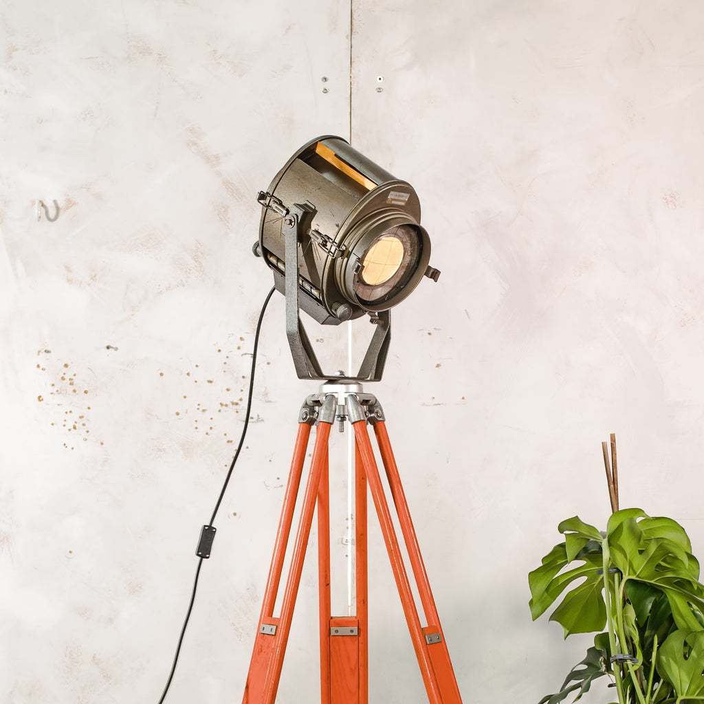 1960s ADB Belgium Theater Spotlight Floor Lamp | Orange Tripod Surveying Industrial Loft Lighting Decor