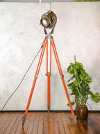 1960s ADB Belgium Theater Spotlight Floor Lamp | Orange Tripod Surveying Industrial Loft Lighting Decor