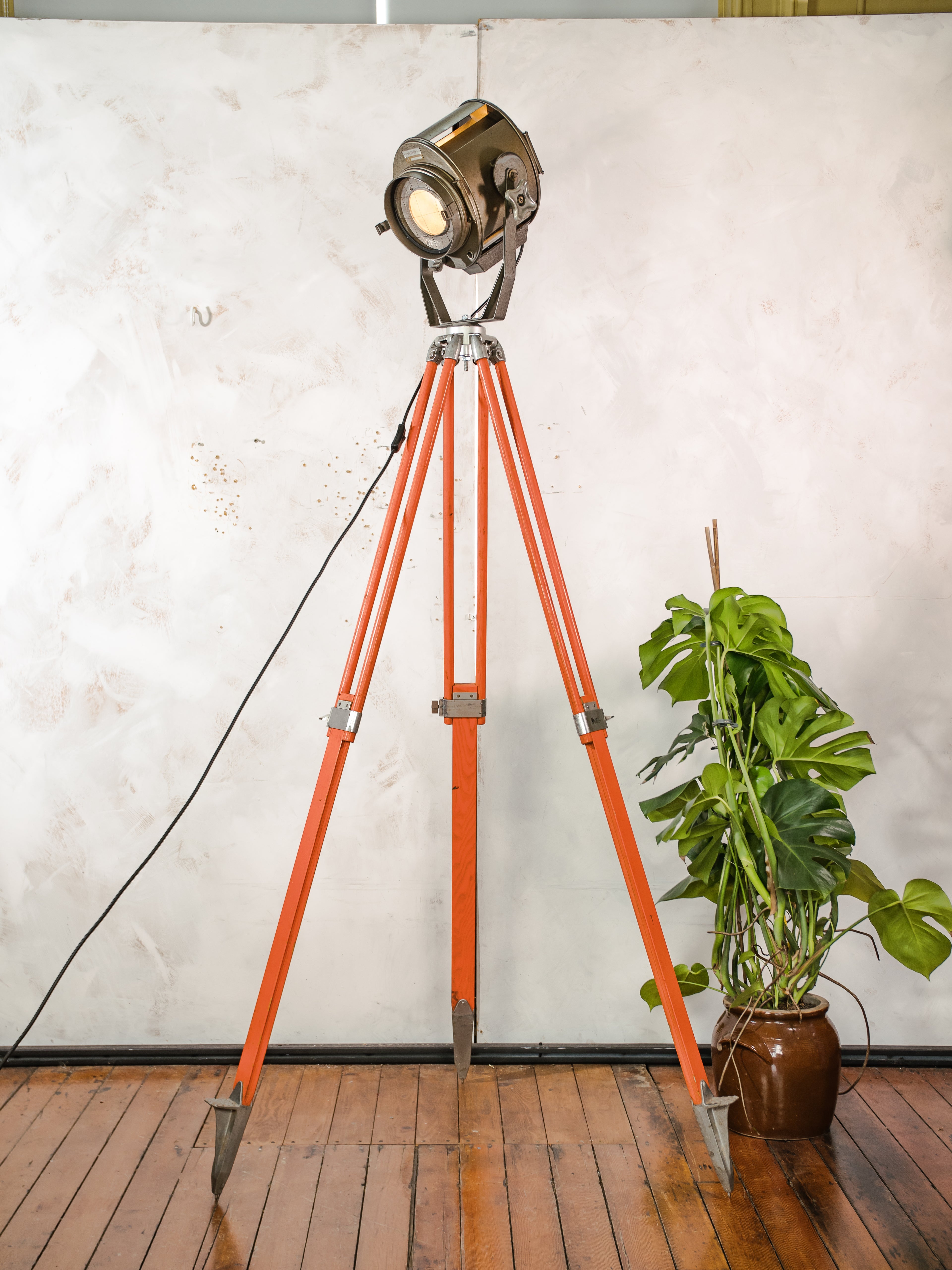 1960s ADB Belgium Theater Spotlight Floor Lamp | Orange Tripod Surveying Industrial Loft Lighting Decor