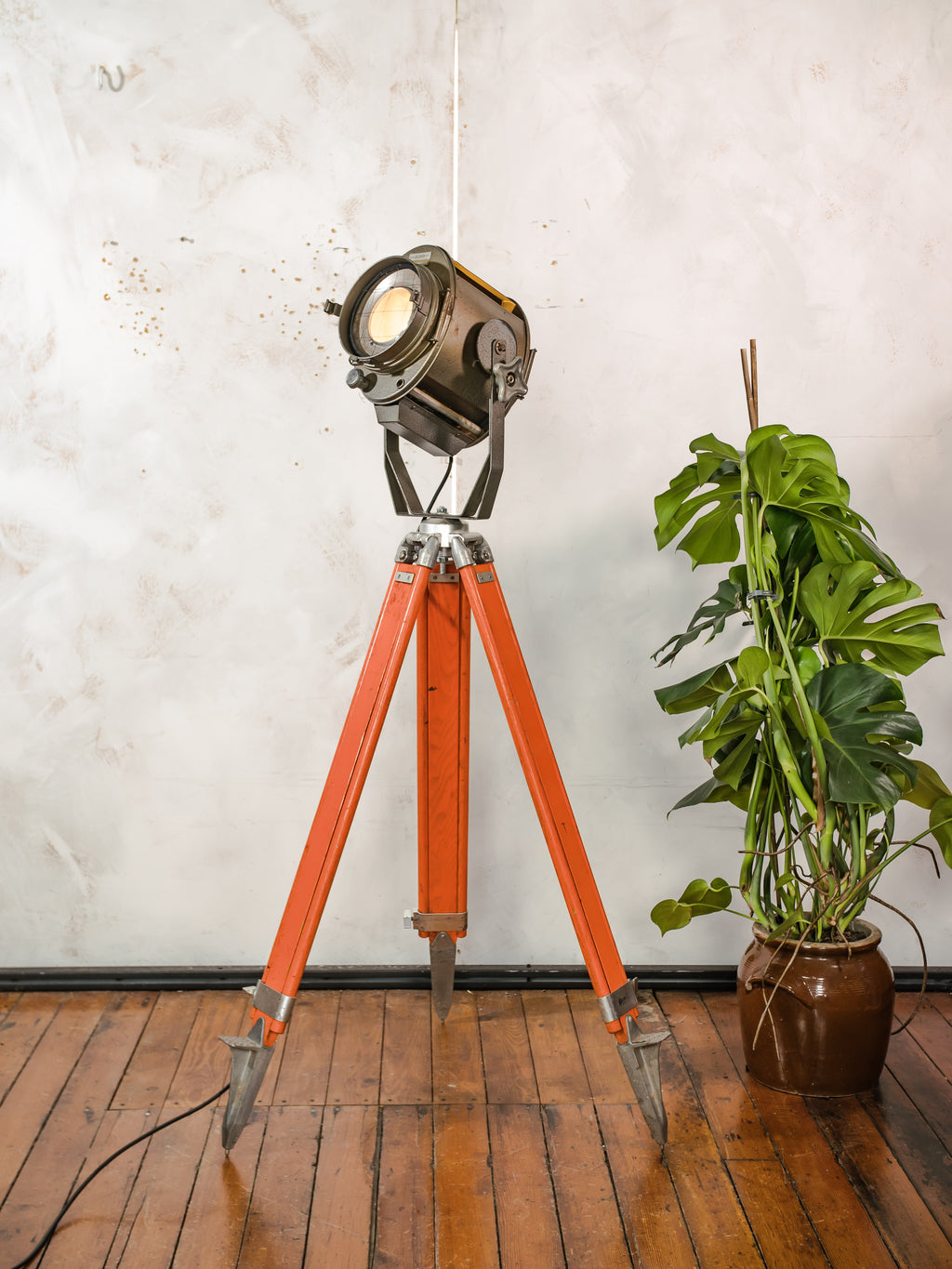 1960s ADB Belgium Theater Spotlight Floor Lamp | Orange Tripod Surveying Industrial Loft Lighting Decor