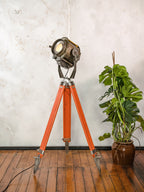 1960s ADB Belgium Theater Spotlight Floor Lamp | Orange Tripod Surveying Industrial Loft Lighting Decor