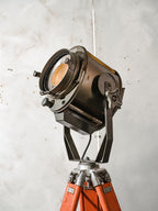 1960s ADB Belgium Theater Spotlight Floor Lamp | Orange Tripod Surveying Industrial Loft Lighting Decor