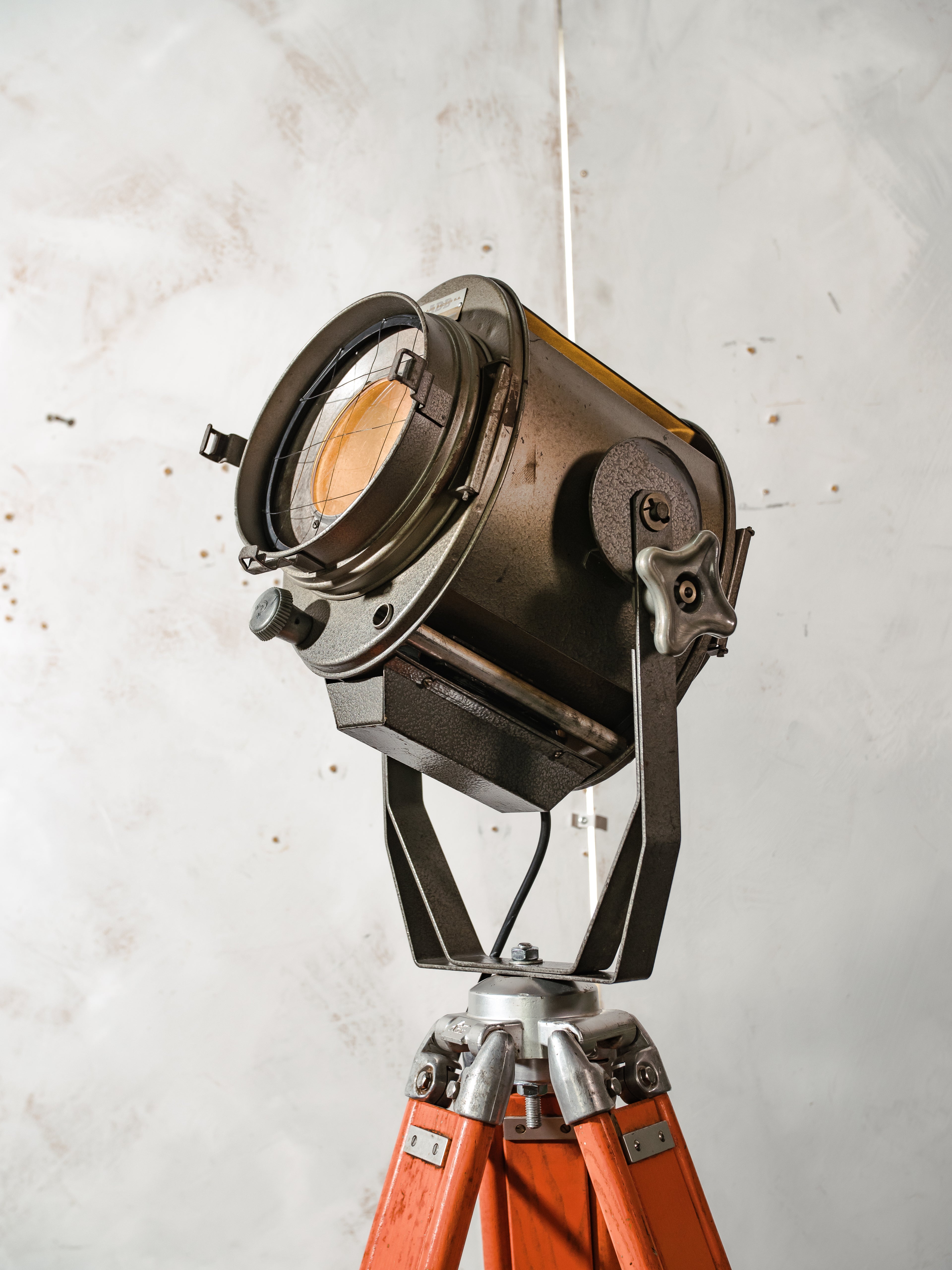 1960s ADB Belgium Theater Spotlight Floor Lamp | Orange Tripod Surveying Industrial Loft Lighting Decor