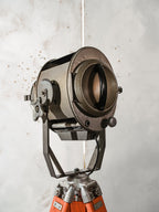 1960s ADB Belgium Theater Spotlight Floor Lamp | Orange Tripod Surveying Industrial Loft Lighting Decor