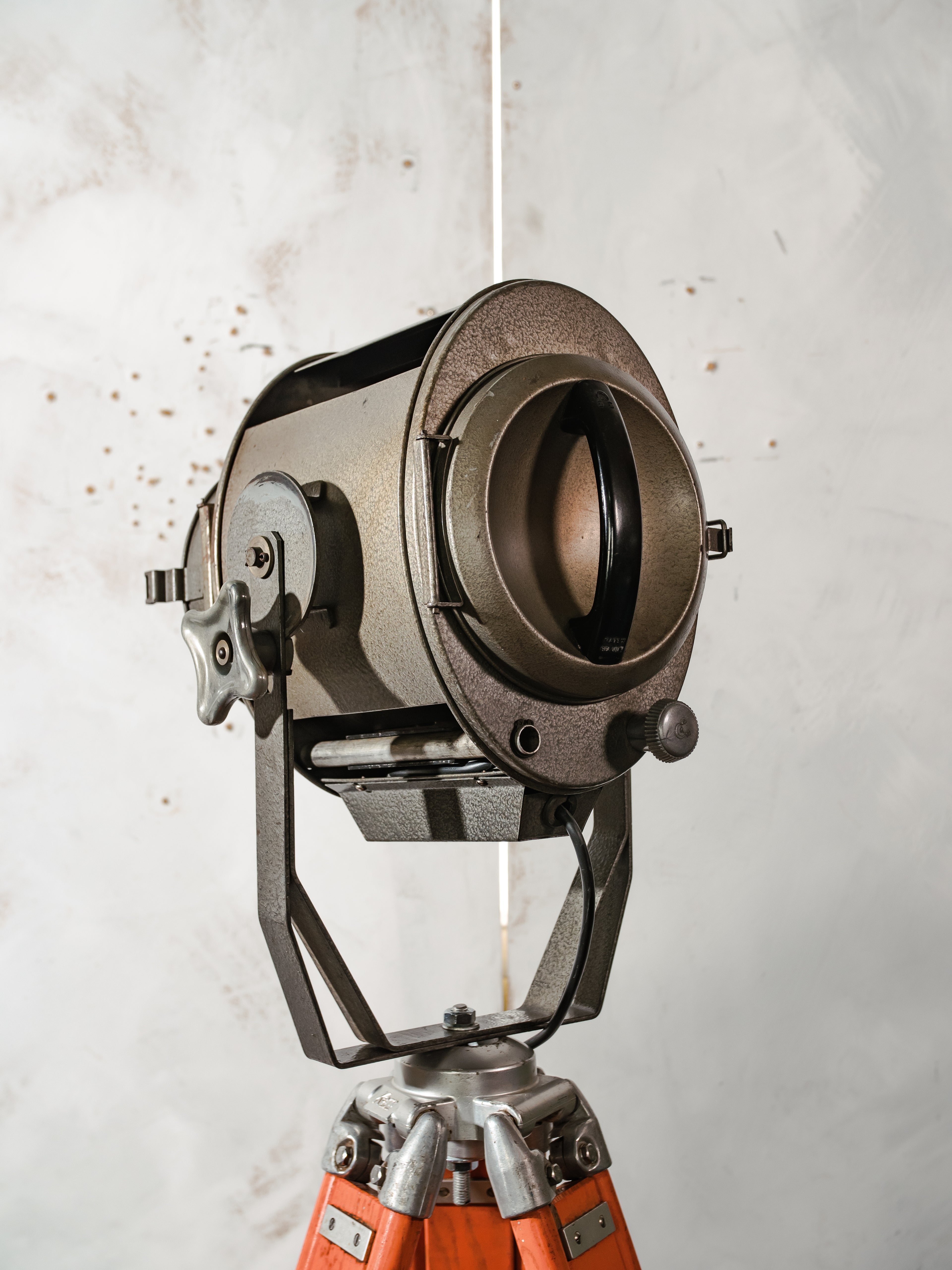 1960s ADB Belgium Theater Spotlight Floor Lamp | Orange Tripod Surveying Industrial Loft Lighting Decor