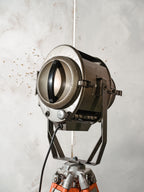 1960s ADB Belgium Theater Spotlight Floor Lamp | Orange Tripod Surveying Industrial Loft Lighting Decor