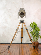 Large 1960s ADB Belgium Theater Spotlight Floor Lamp | Wooden Tripod Stage Light Decor