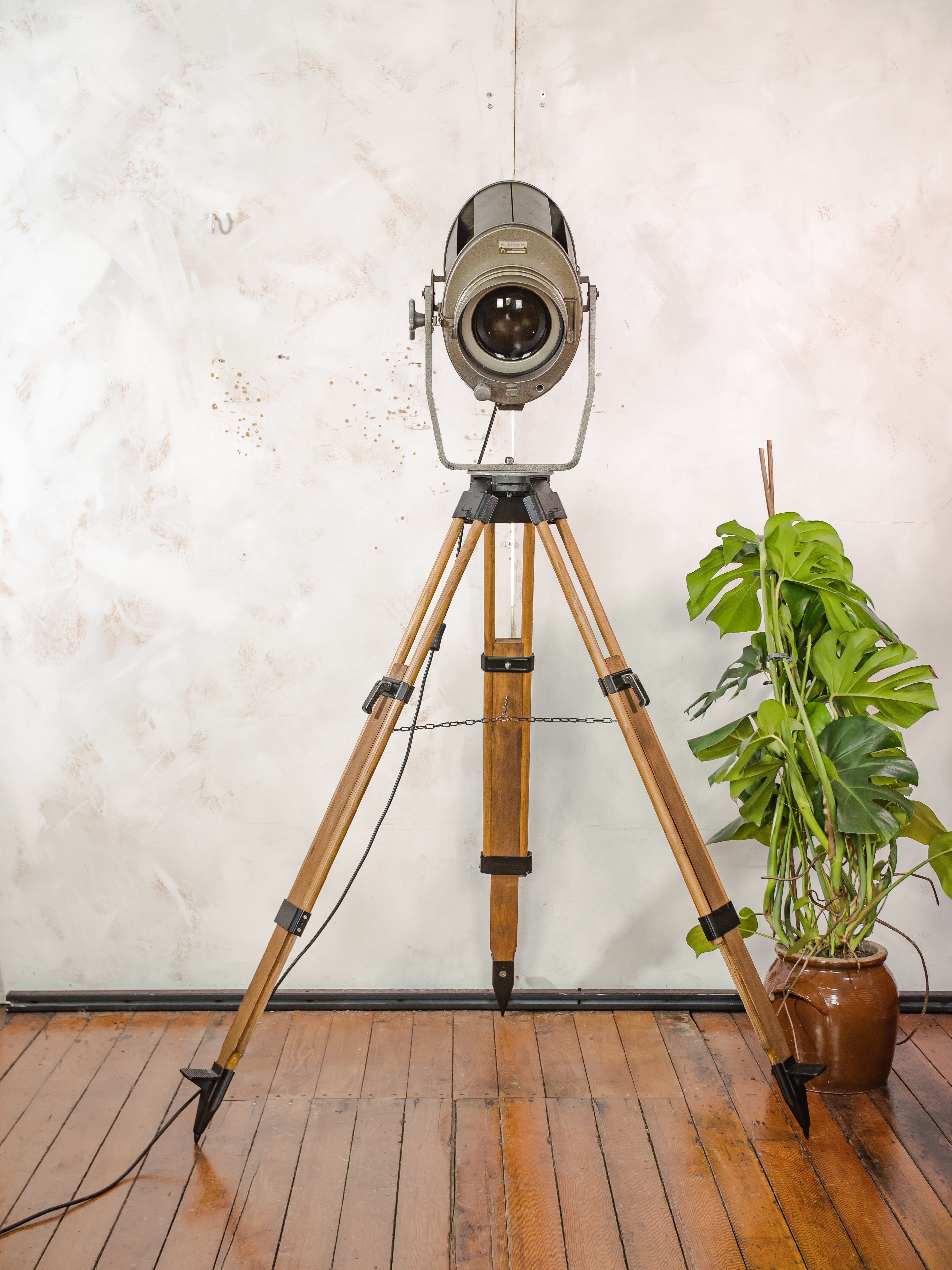 Large 1960s ADB Belgium Theater Spotlight Floor Lamp | Wooden Tripod Stage Light Decor