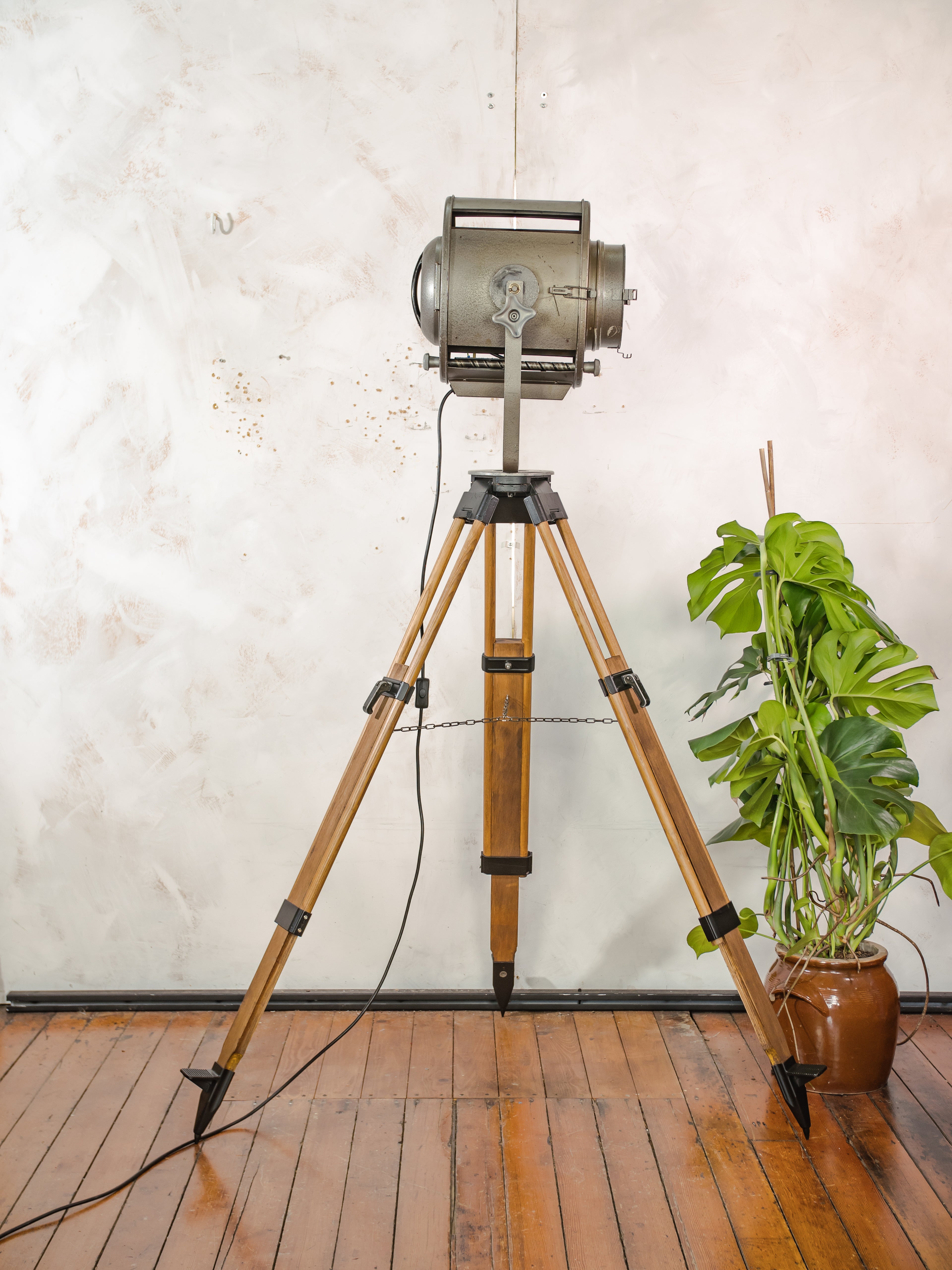 Large 1960s ADB Belgium Theater Spotlight Floor Lamp | Wooden Tripod Stage Light Decor