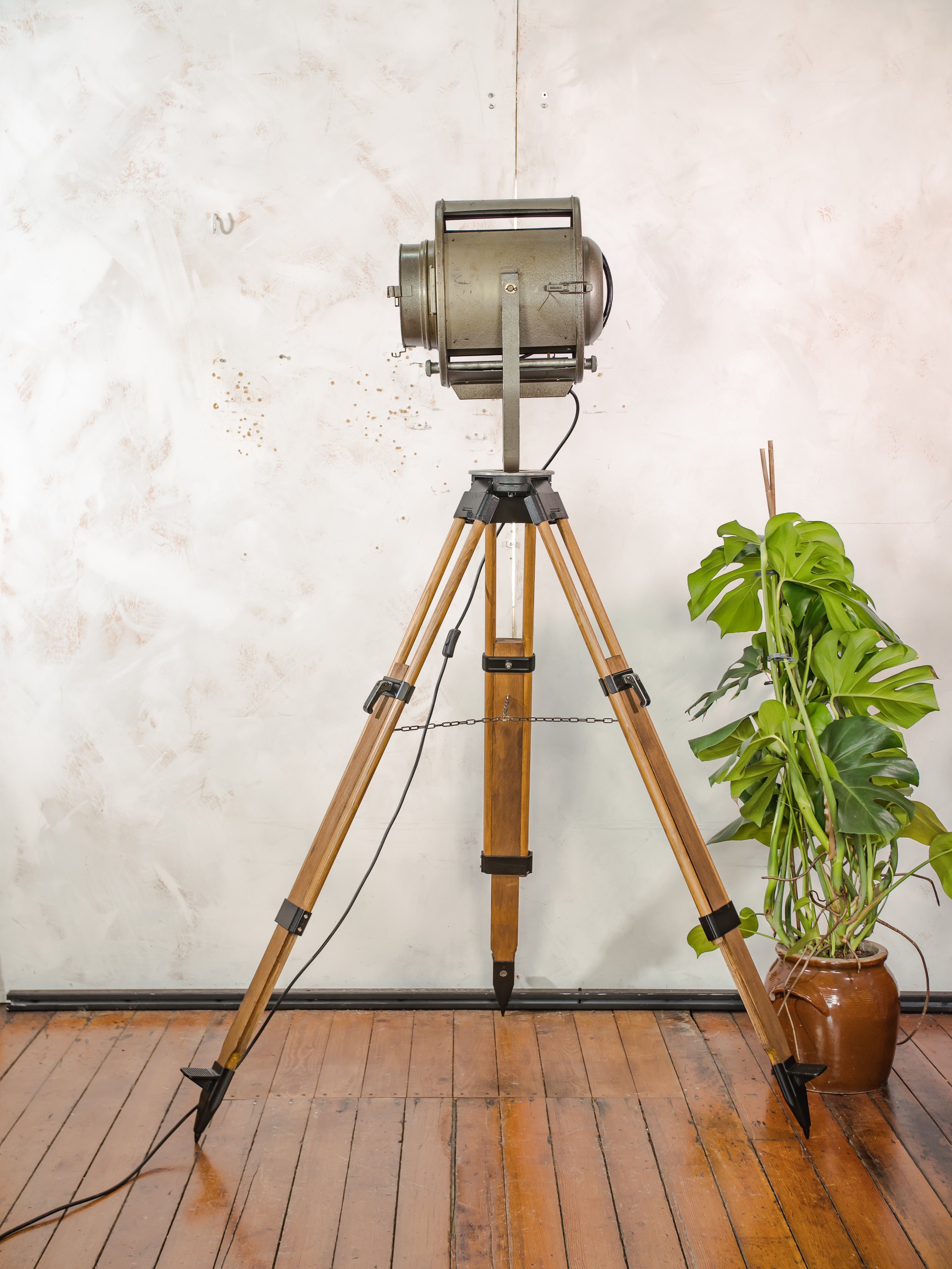 Large 1960s ADB Belgium Theater Spotlight Floor Lamp | Wooden Tripod Stage Light Decor