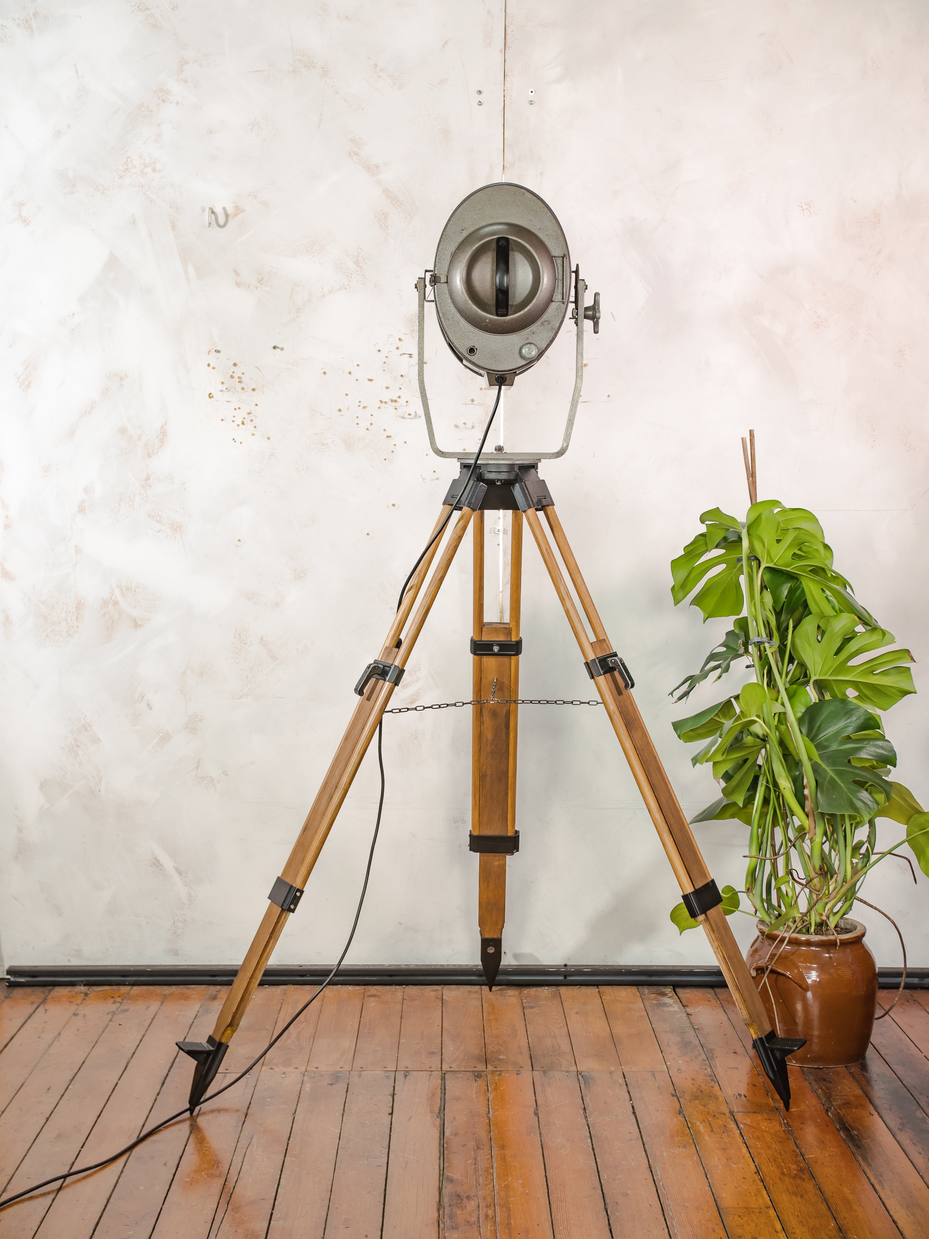 Large 1960s ADB Belgium Theater Spotlight Floor Lamp | Wooden Tripod Stage Light Decor