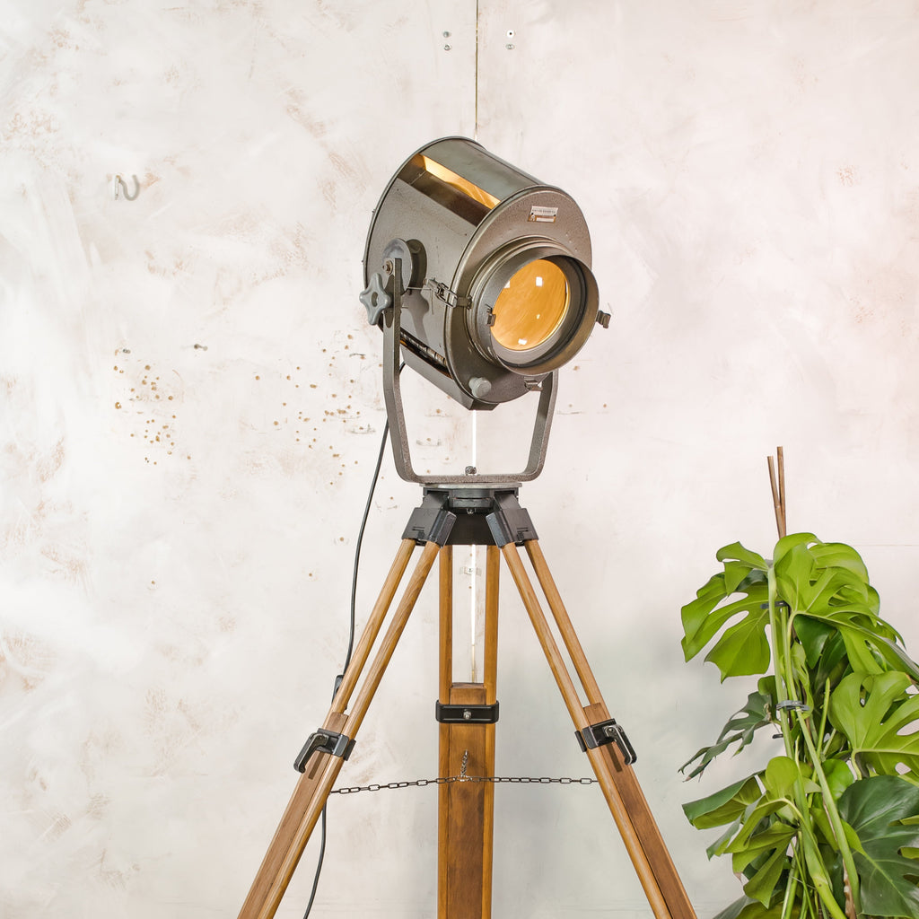 Large 1960s ADB Belgium Theater Spotlight Floor Lamp | Wooden Tripod Stage Light Decor