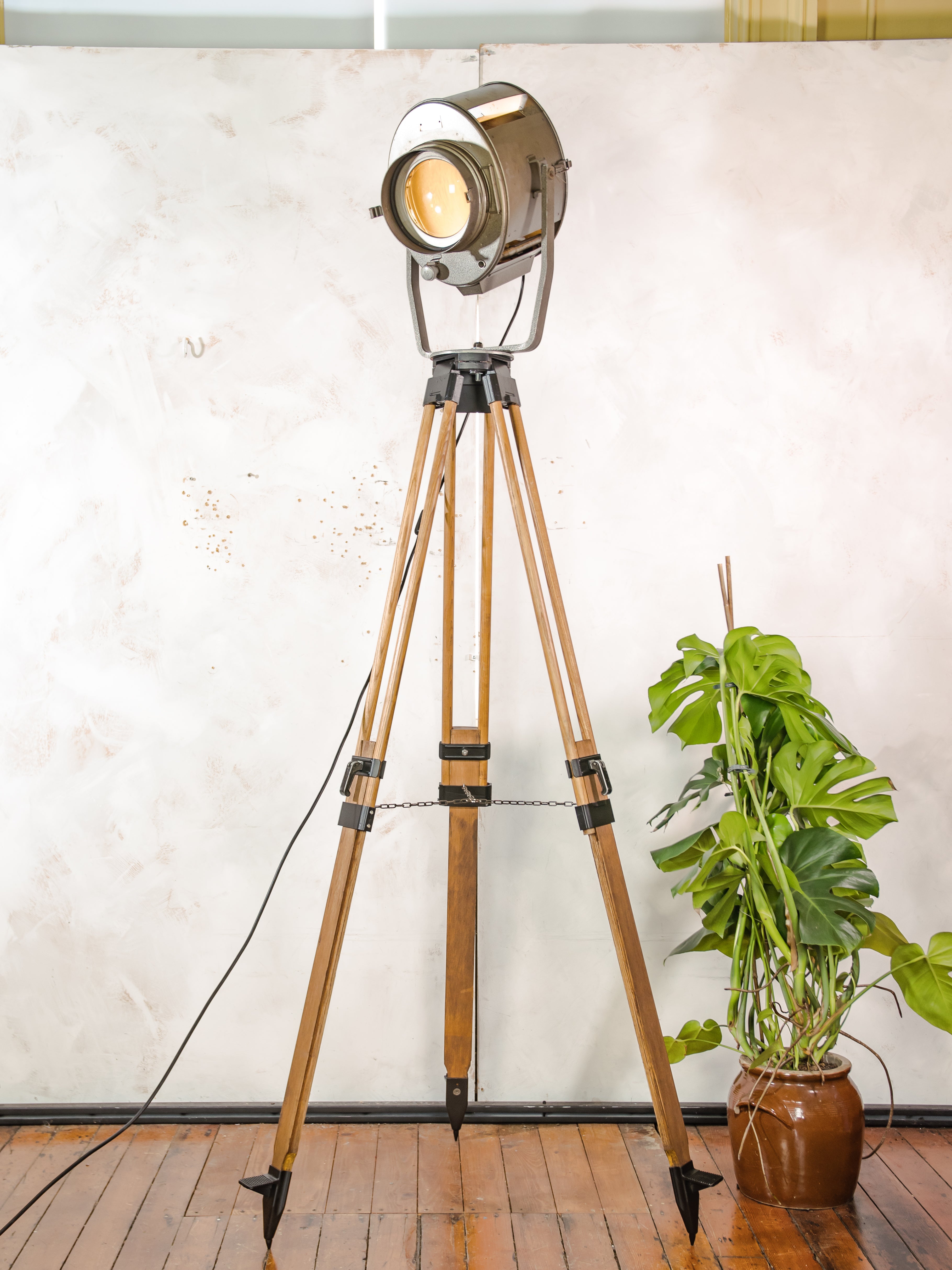 Large 1960s ADB Belgium Theater Spotlight Floor Lamp | Wooden Tripod Stage Light Decor