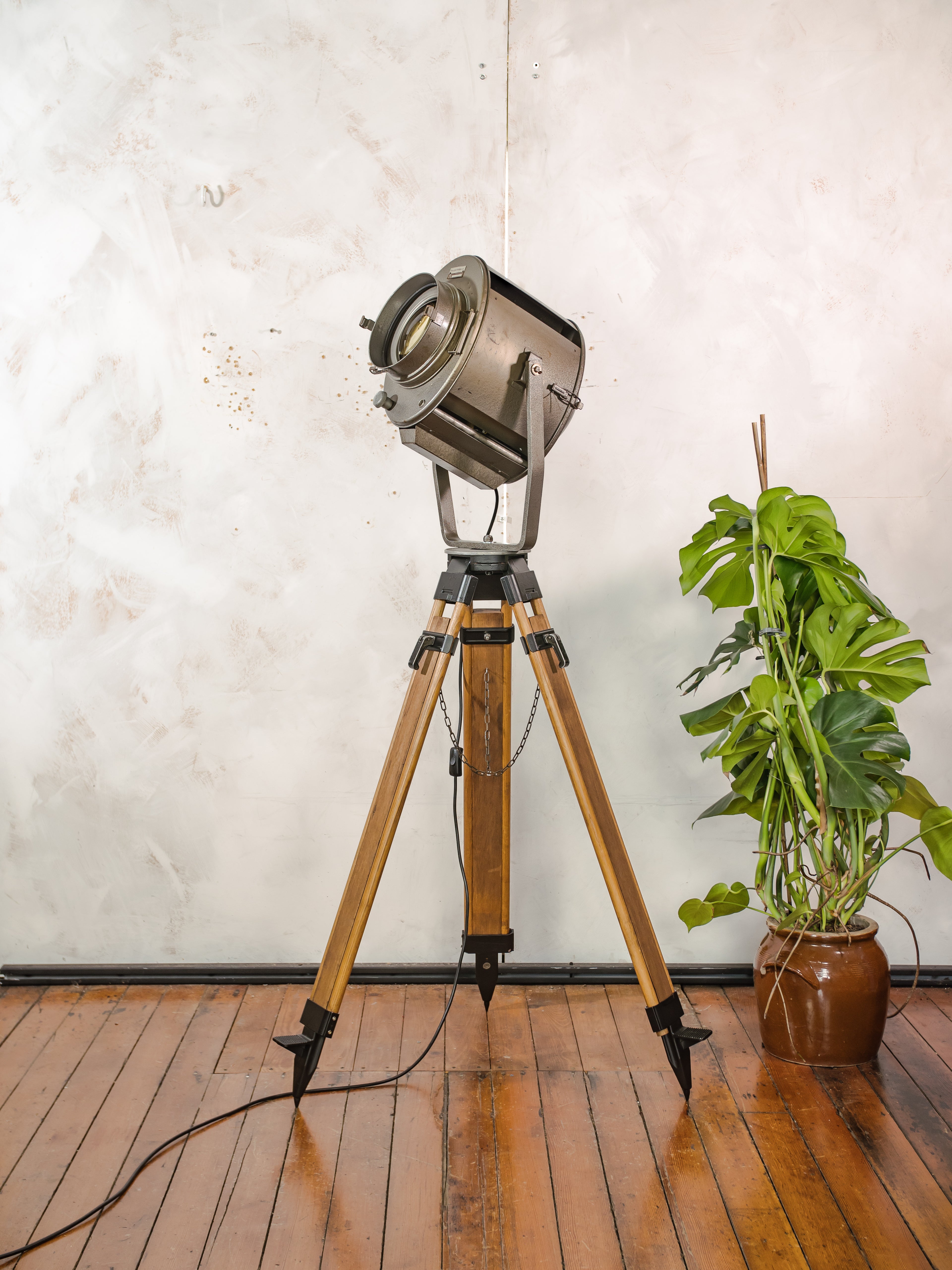 Large 1960s ADB Belgium Theater Spotlight Floor Lamp | Wooden Tripod Stage Light Decor