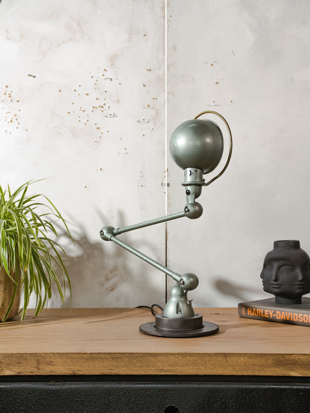 1950s Jieldé Vespa Green 2 Arm French Workshop Lamp on Brake disc, Jielde light, Vintage Designer Desk Lamp by Jean Louis Domecq