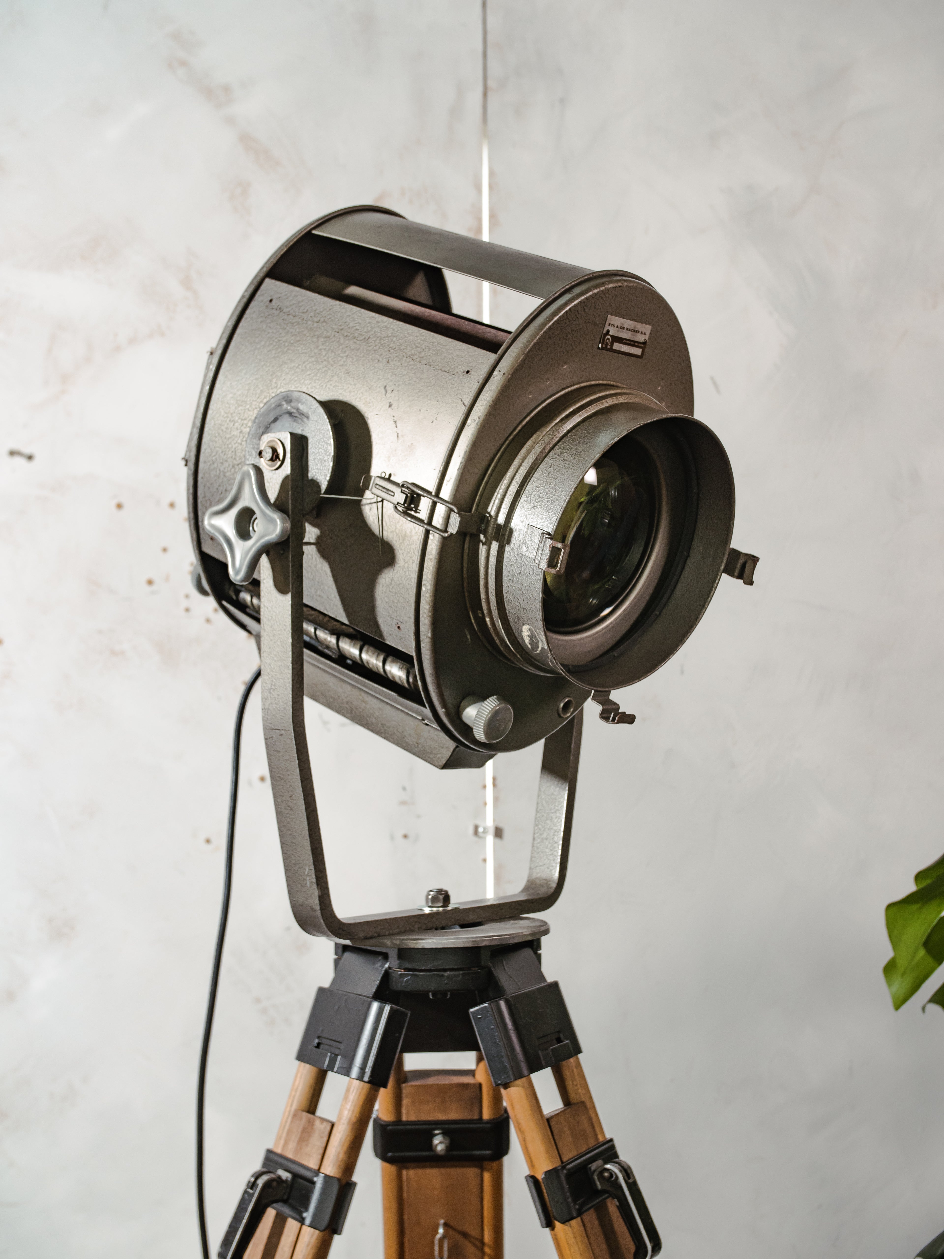 Large 1960s ADB Belgium Theater Spotlight Floor Lamp | Wooden Tripod Stage Light Decor