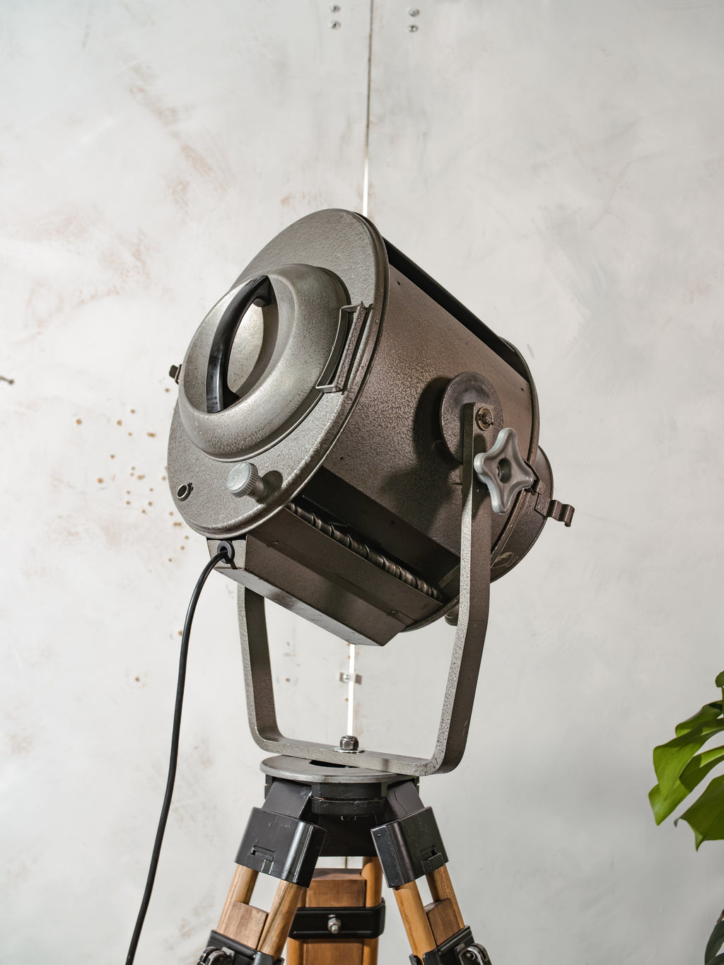 Large 1960s ADB Belgium Theater Spotlight Floor Lamp | Wooden Tripod Stage Light Decor