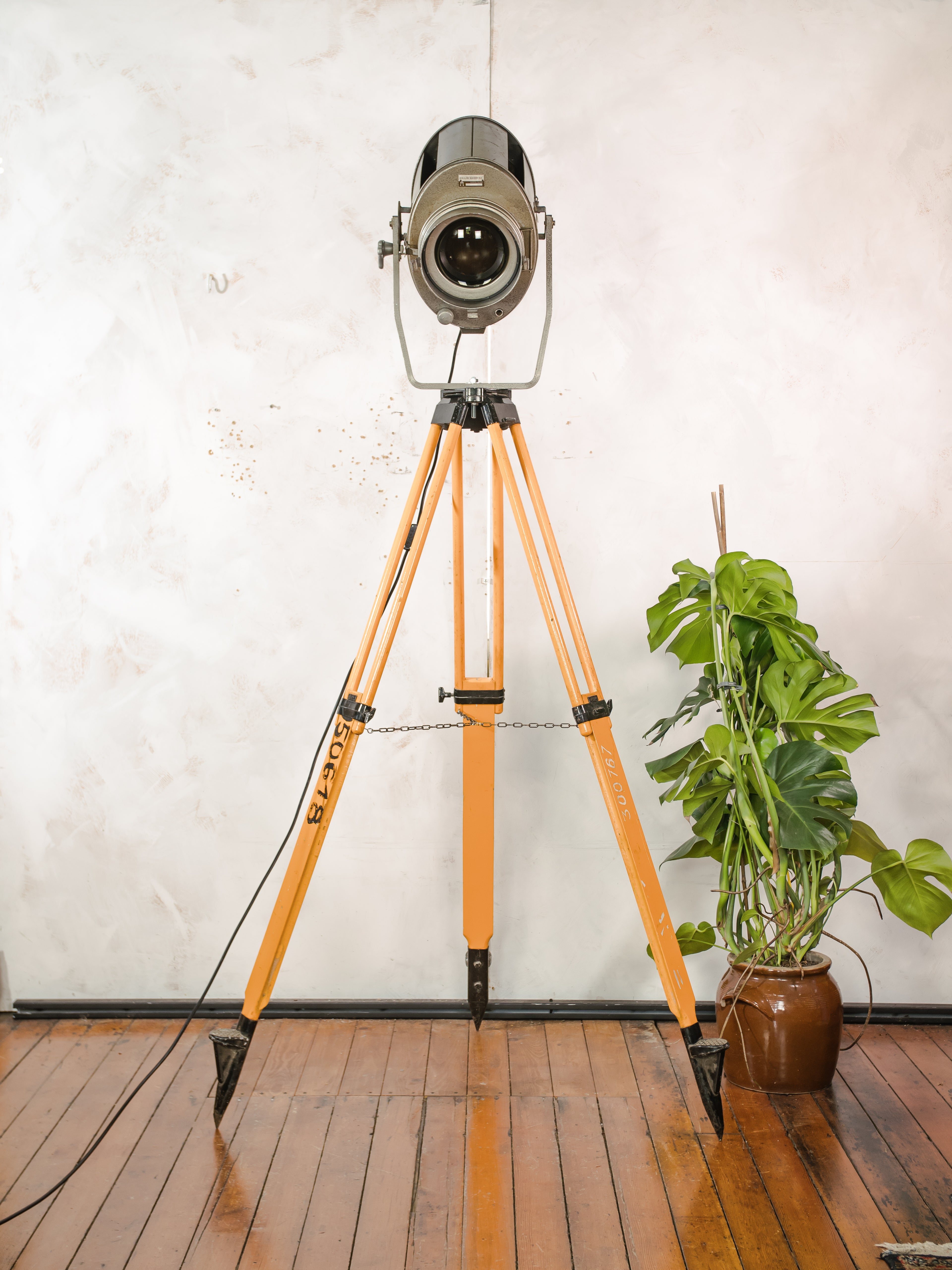XL 1960s ADB Belgium Stage Spotlight Floor Lamp | Wooden Tripod Theater Lighting