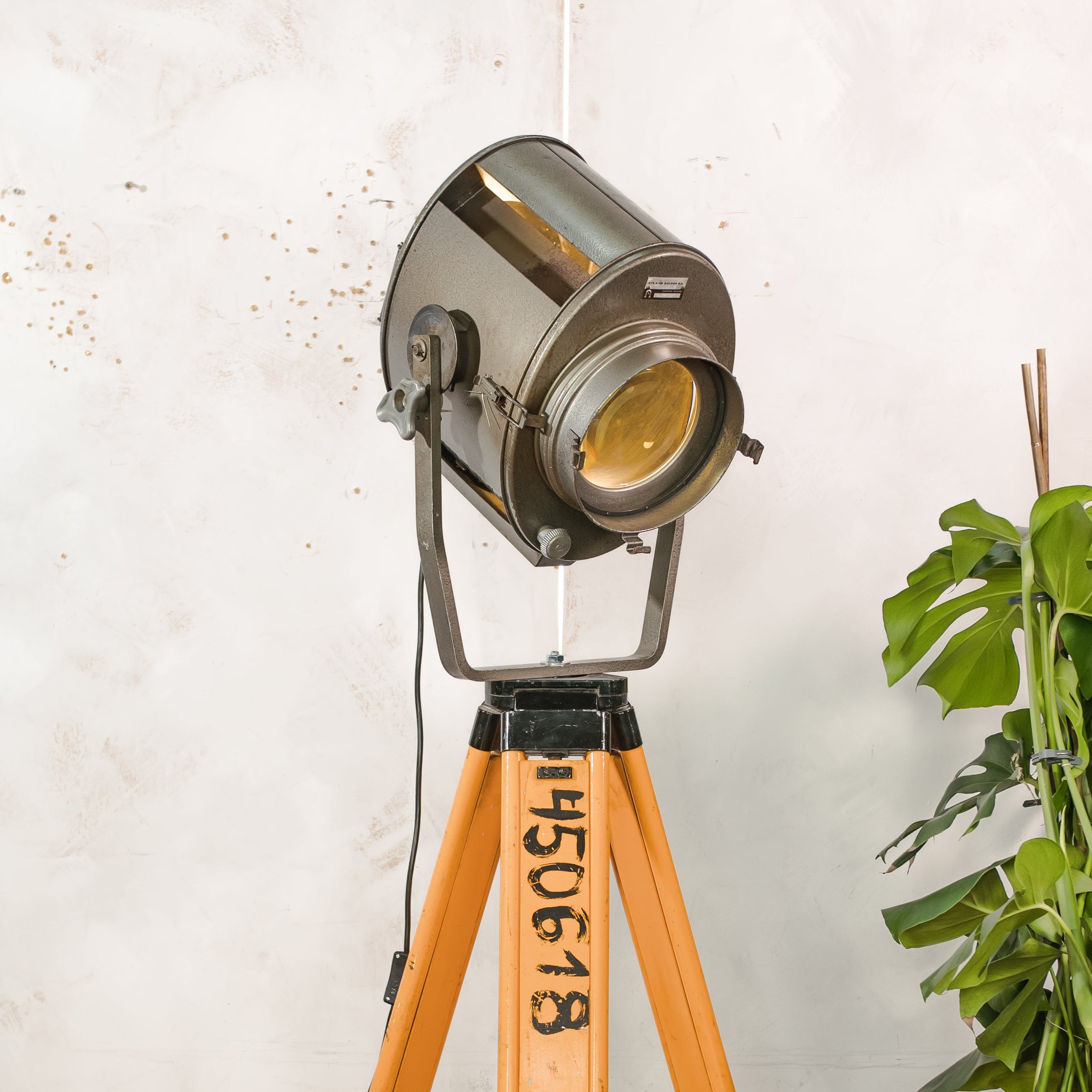 XL 1960s ADB Belgium Stage Spotlight Floor Lamp | Wooden Tripod Theater Lighting