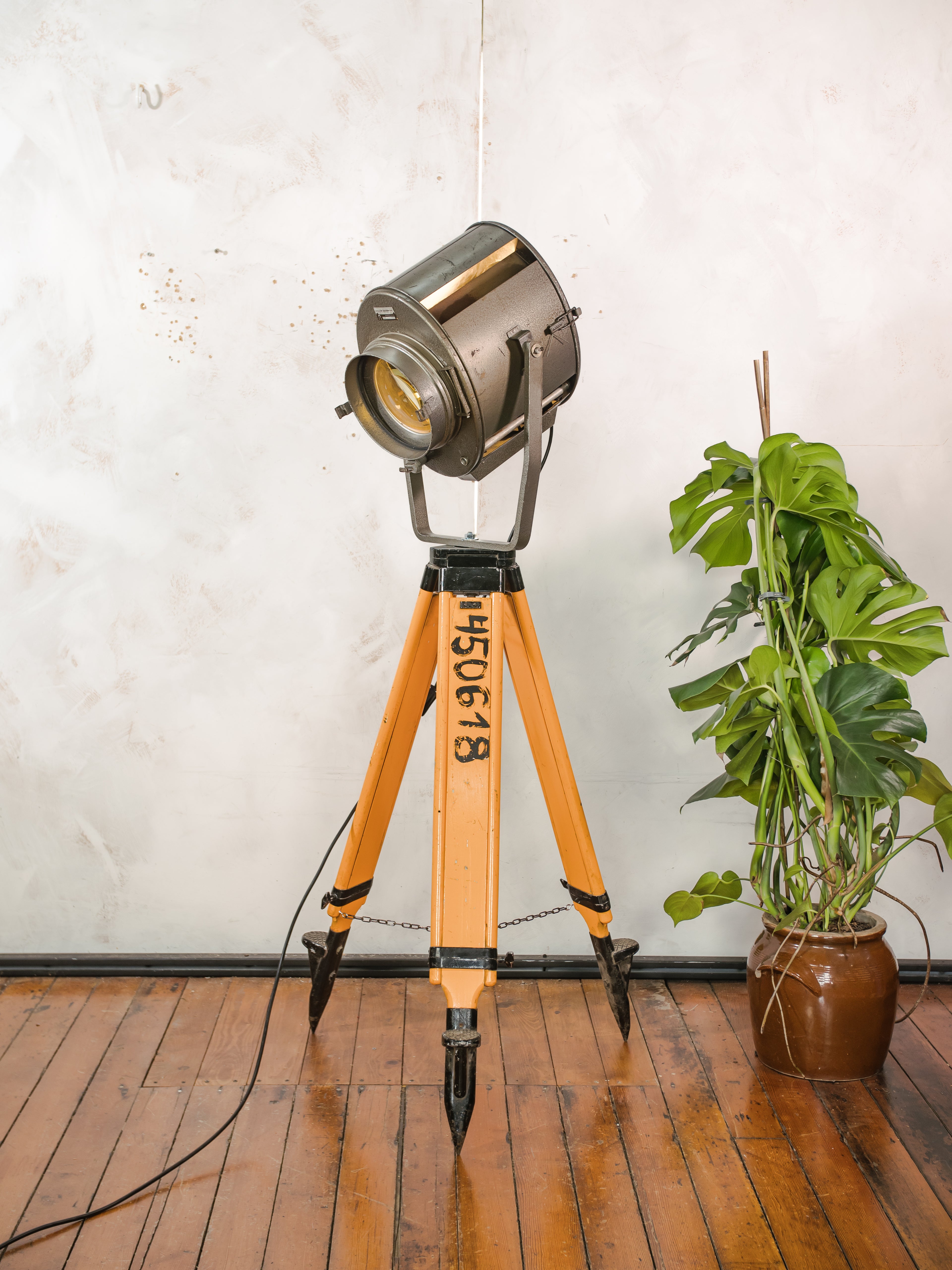 XL 1960s ADB Belgium Stage Spotlight Floor Lamp | Wooden Tripod Theater Lighting