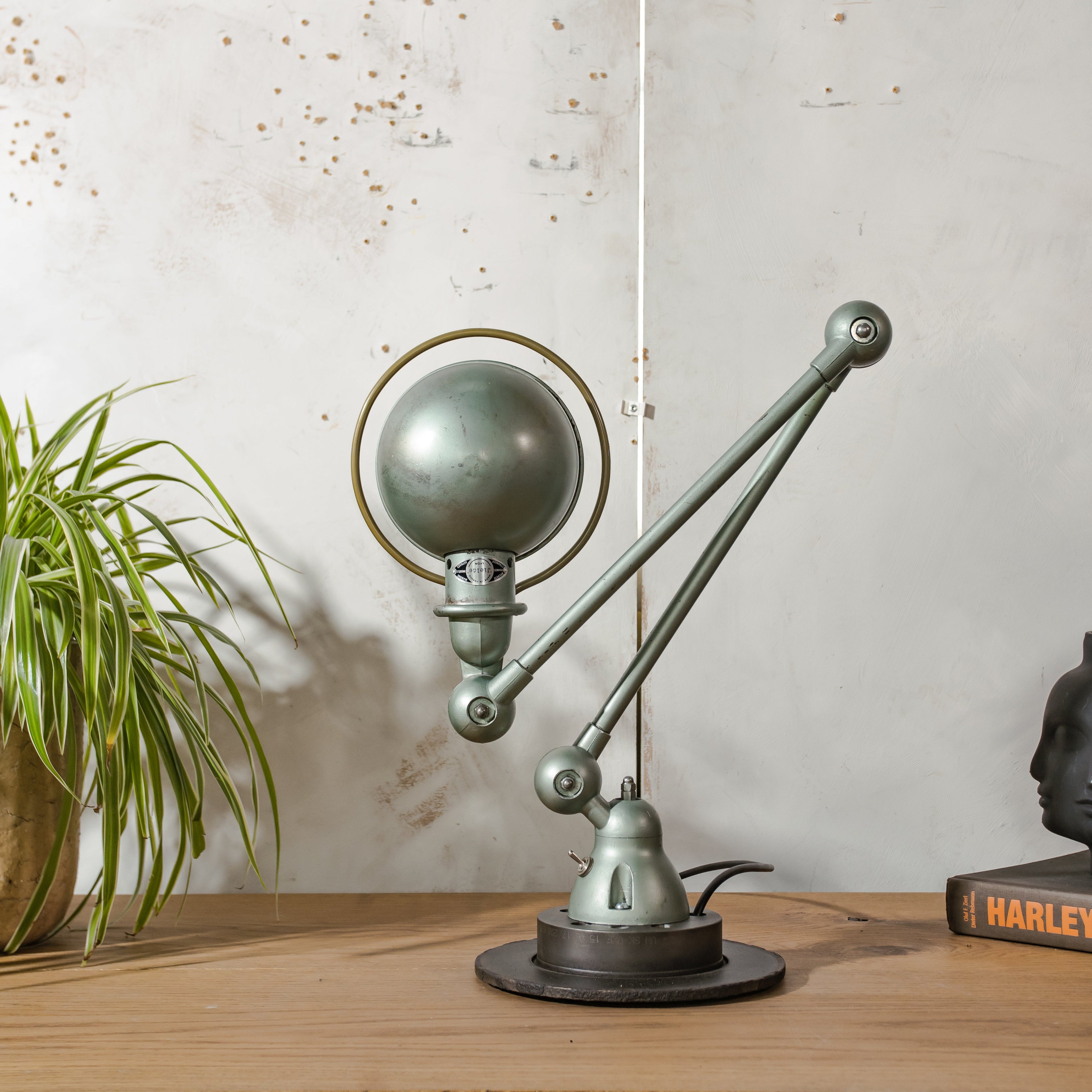 1950s Jieldé Vespa Green 2 Arm French Workshop Lamp on Brake disc, Jielde light, Vintage Designer Desk Lamp by Jean Louis Domecq