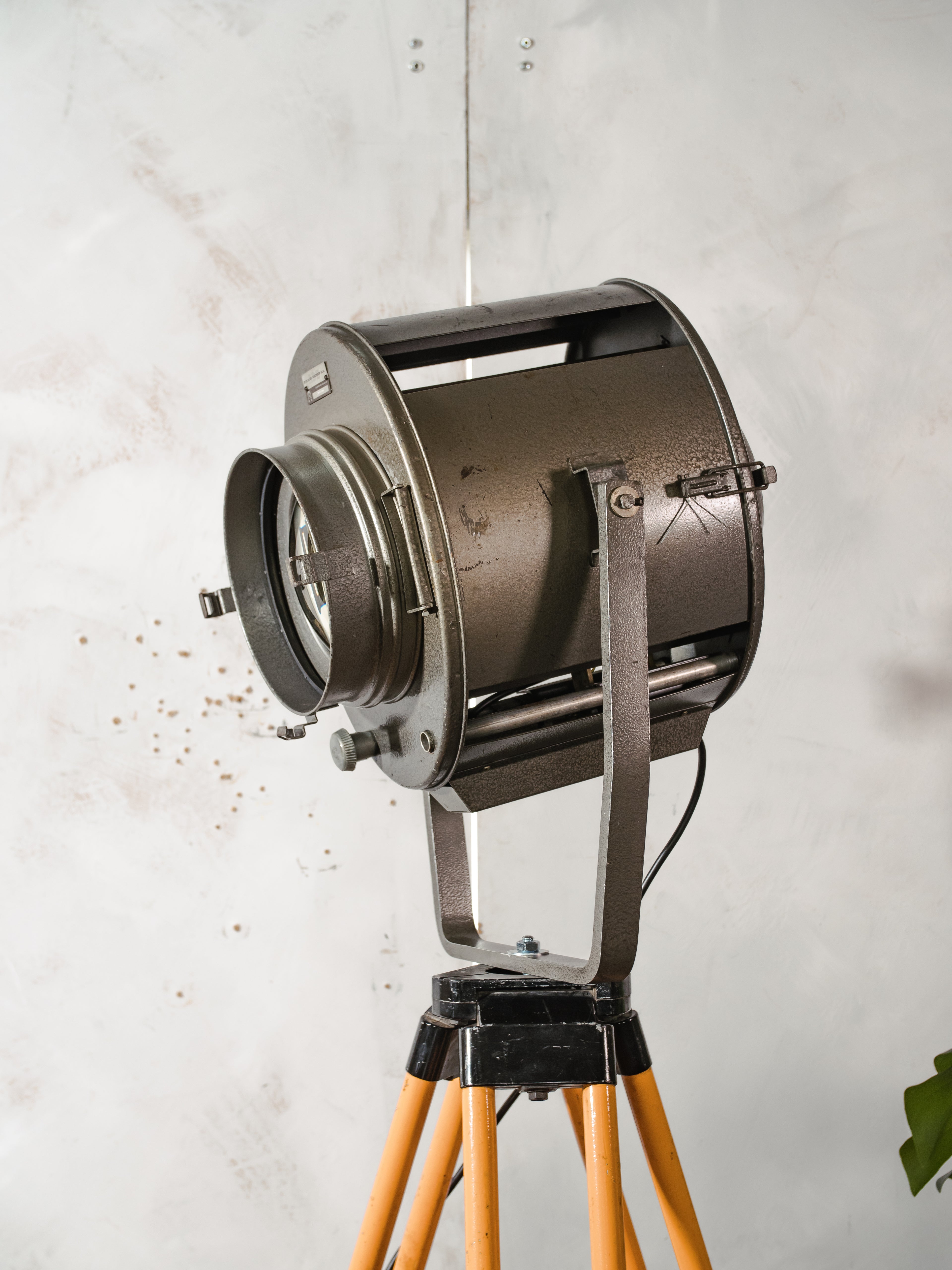 XL 1960s ADB Belgium Stage Spotlight Floor Lamp | Wooden Tripod Theater Lighting
