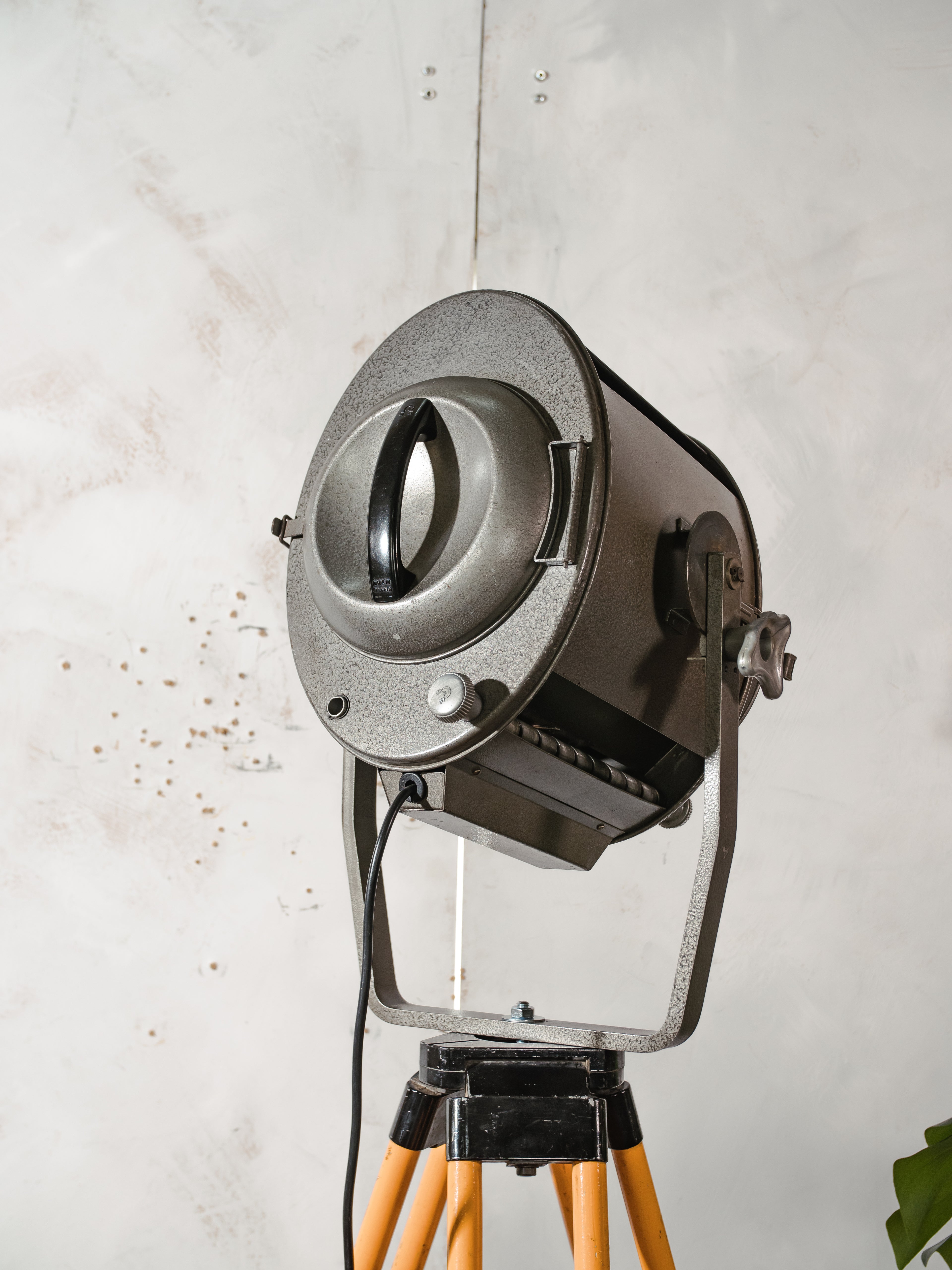 XL 1960s ADB Belgium Stage Spotlight Floor Lamp | Wooden Tripod Theater Lighting