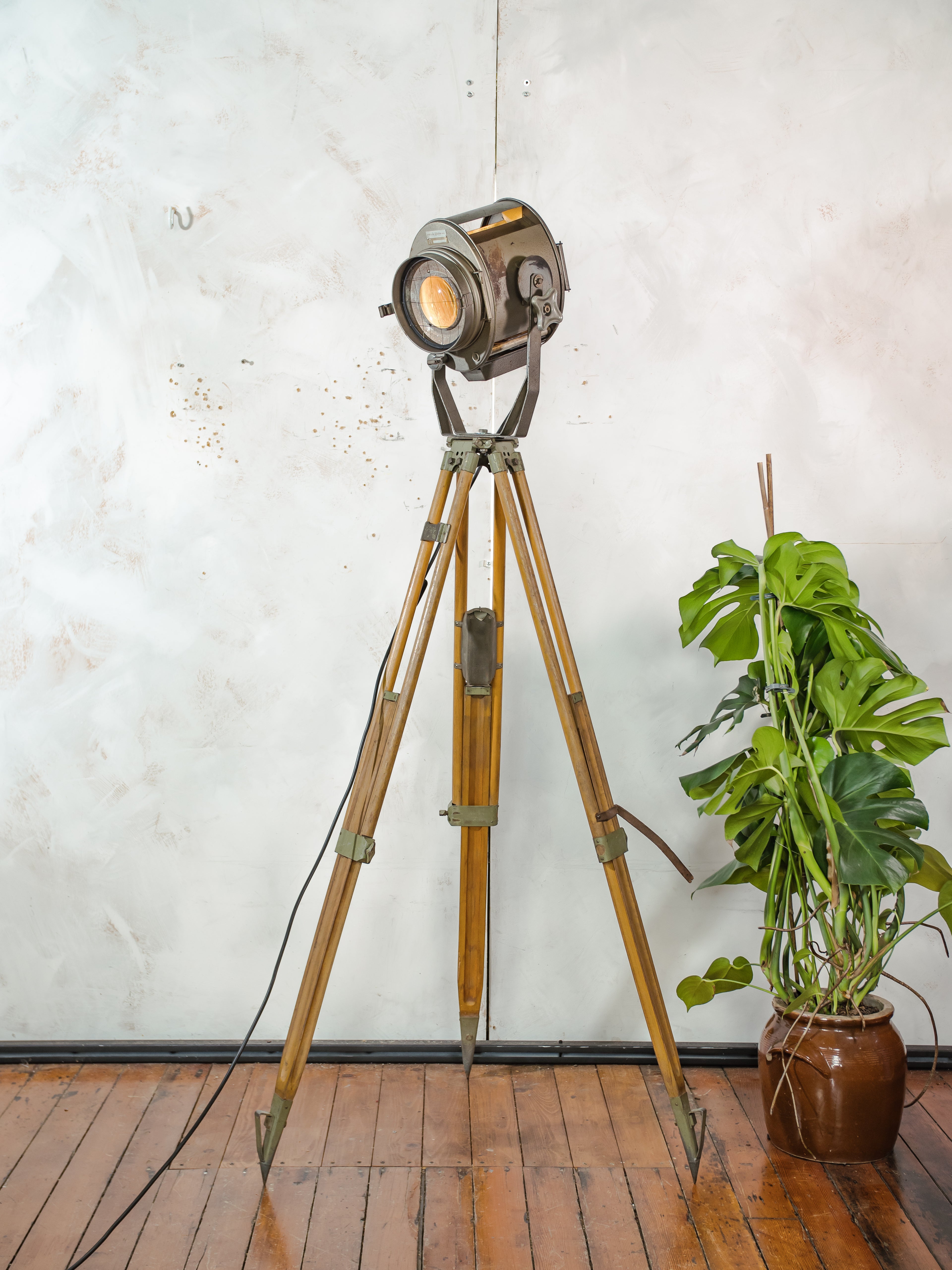 Vintage Medium size stage light Floor lamp, 1960s ADB Belgium Theater Spotlight | Wooden Surveyors Tripod light