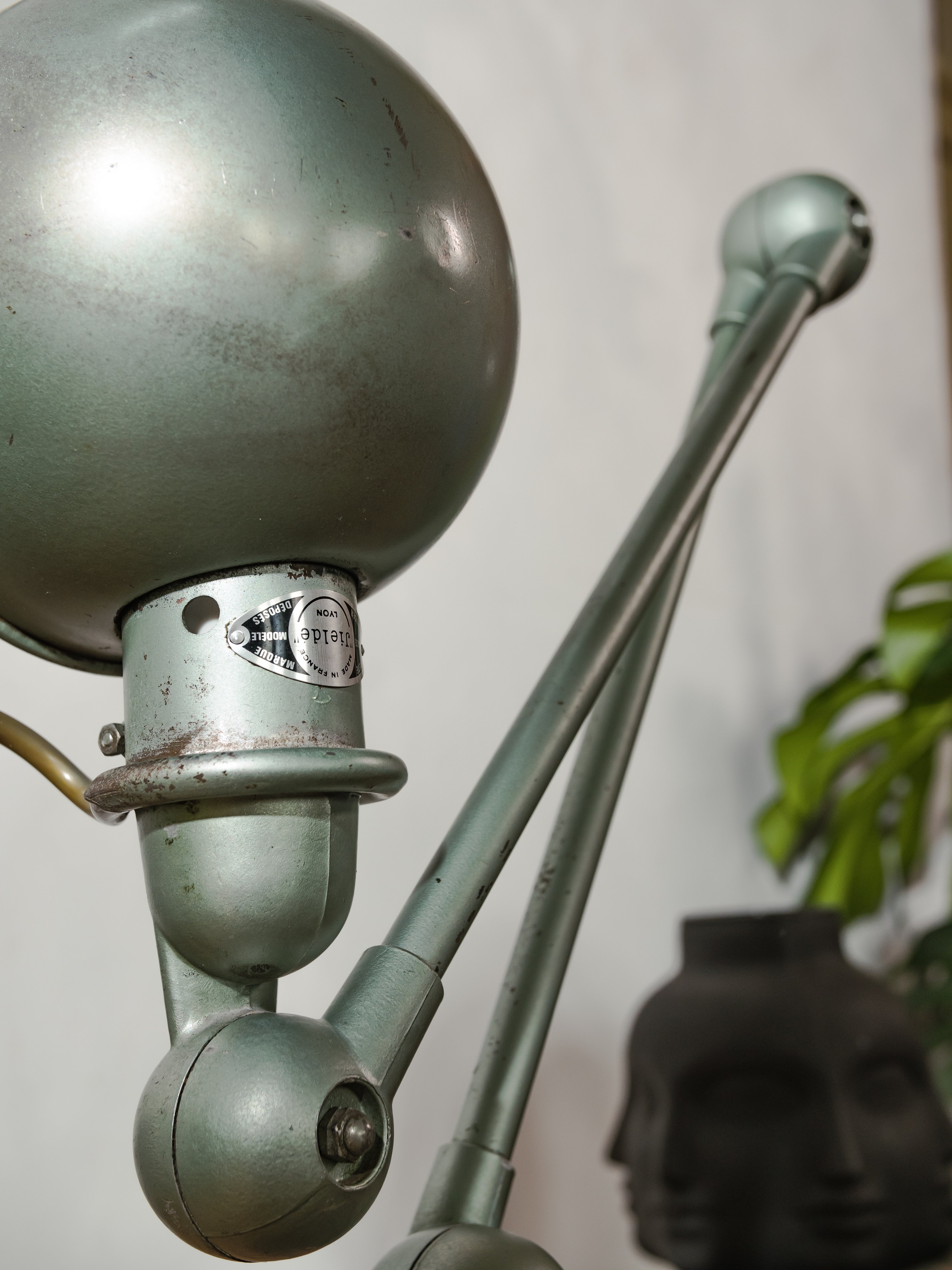 1950s Jieldé Vespa Green 2 Arm French Workshop Lamp on Brake disc, Jielde light, Vintage Designer Desk Lamp by Jean Louis Domecq