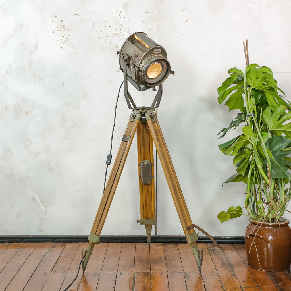 Vintage Medium size stage light Floor lamp, 1960s ADB Belgium Theater Spotlight | Wooden Surveyors Tripod light