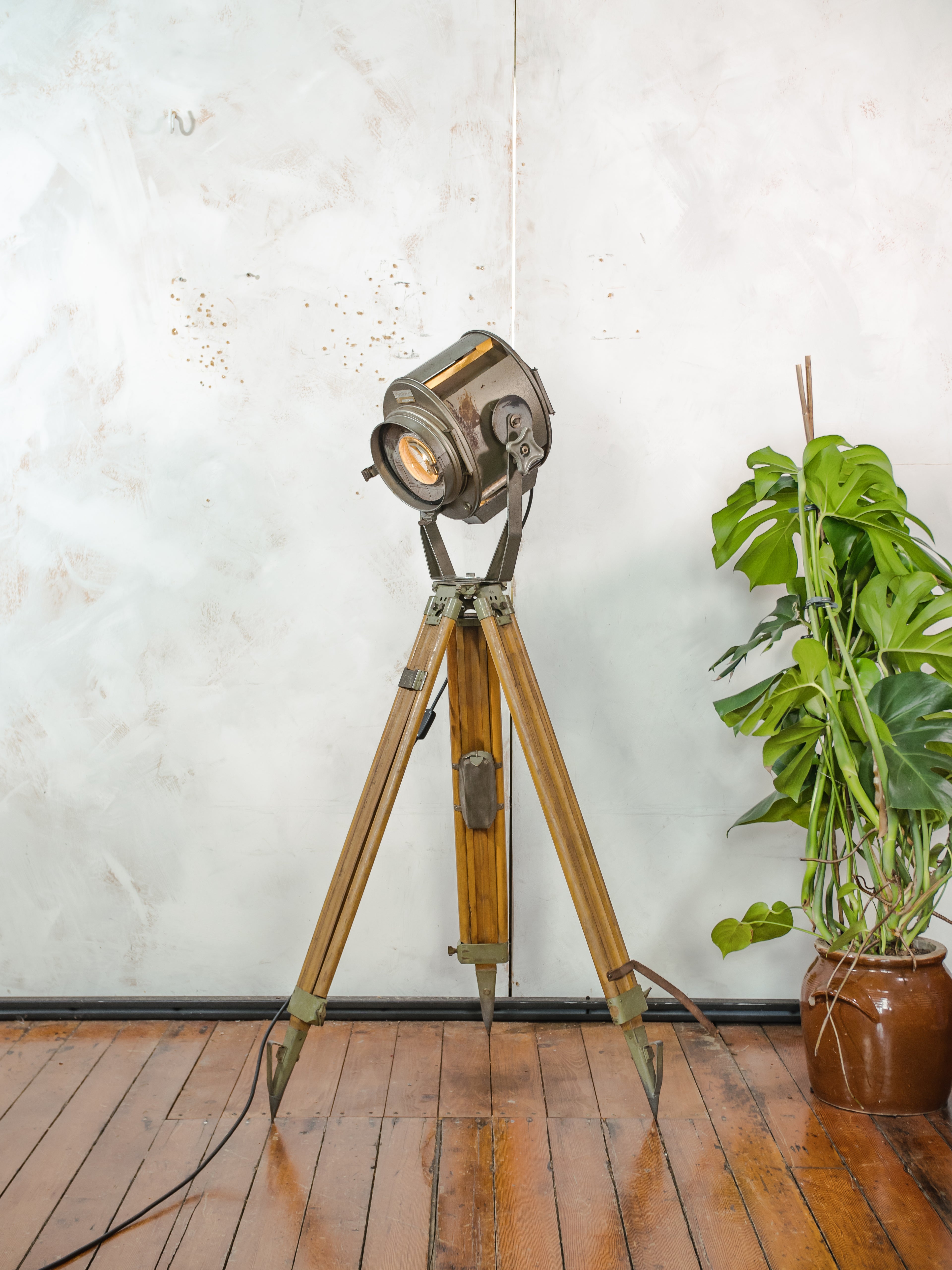 Vintage Medium size stage light Floor lamp, 1960s ADB Belgium Theater Spotlight | Wooden Surveyors Tripod light