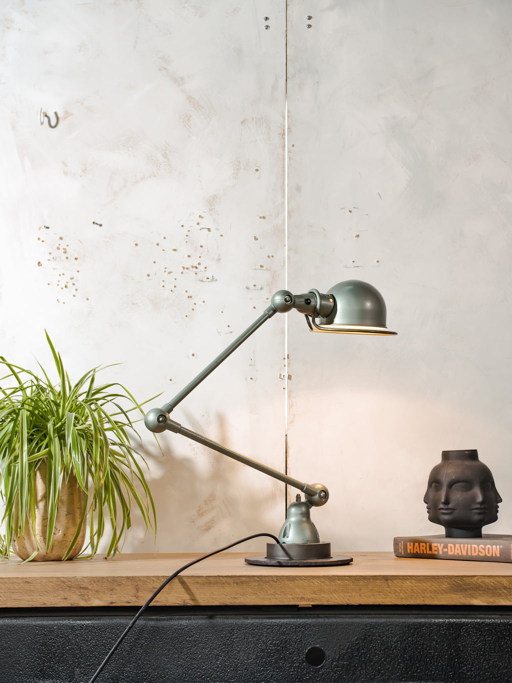 1950s Jieldé Vespa Green 2 Arm French Workshop Lamp on Brake disc, Jielde light, Vintage Designer Desk Lamp by Jean Louis Domecq