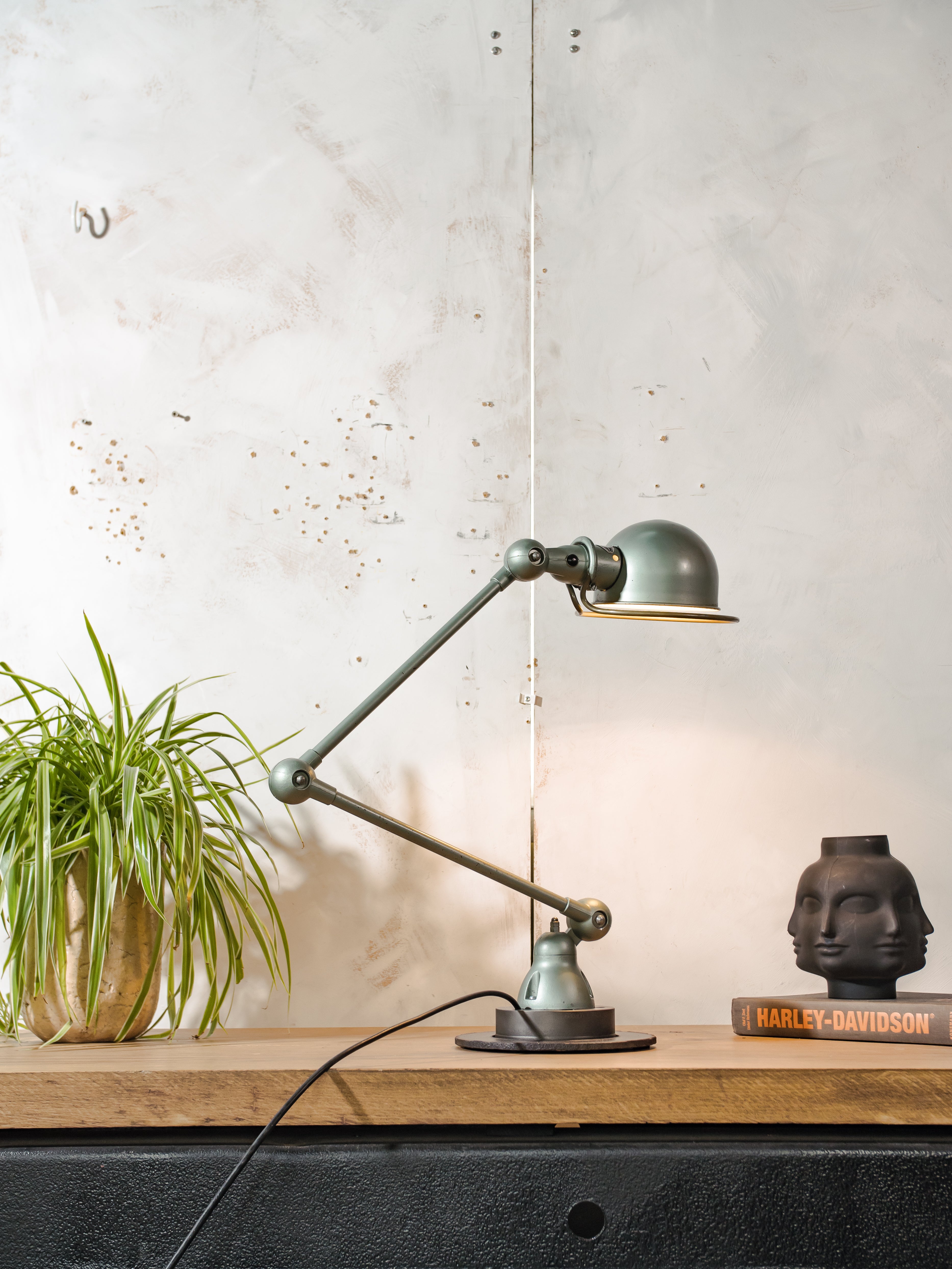 1950s Jieldé Vespa Green 2 Arm French Workshop Lamp on Brake disc, Jielde light, Vintage Designer Desk Lamp by Jean Louis Domecq