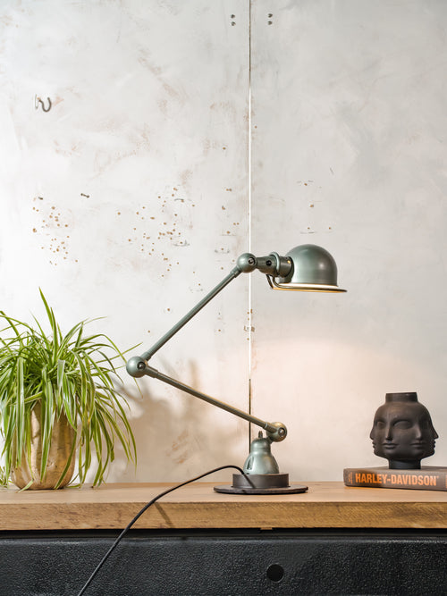 1950s Jieldé Vespa Green 2 Arm French Workshop Lamp on Brake disc, Jielde light, Vintage Designer Desk Lamp by Jean Louis Domecq