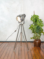 Chrome Stage light Floorlamp Vintage, The Aliën Studio Spot | Spotlight on polished Tripod, Modern industrial lighting